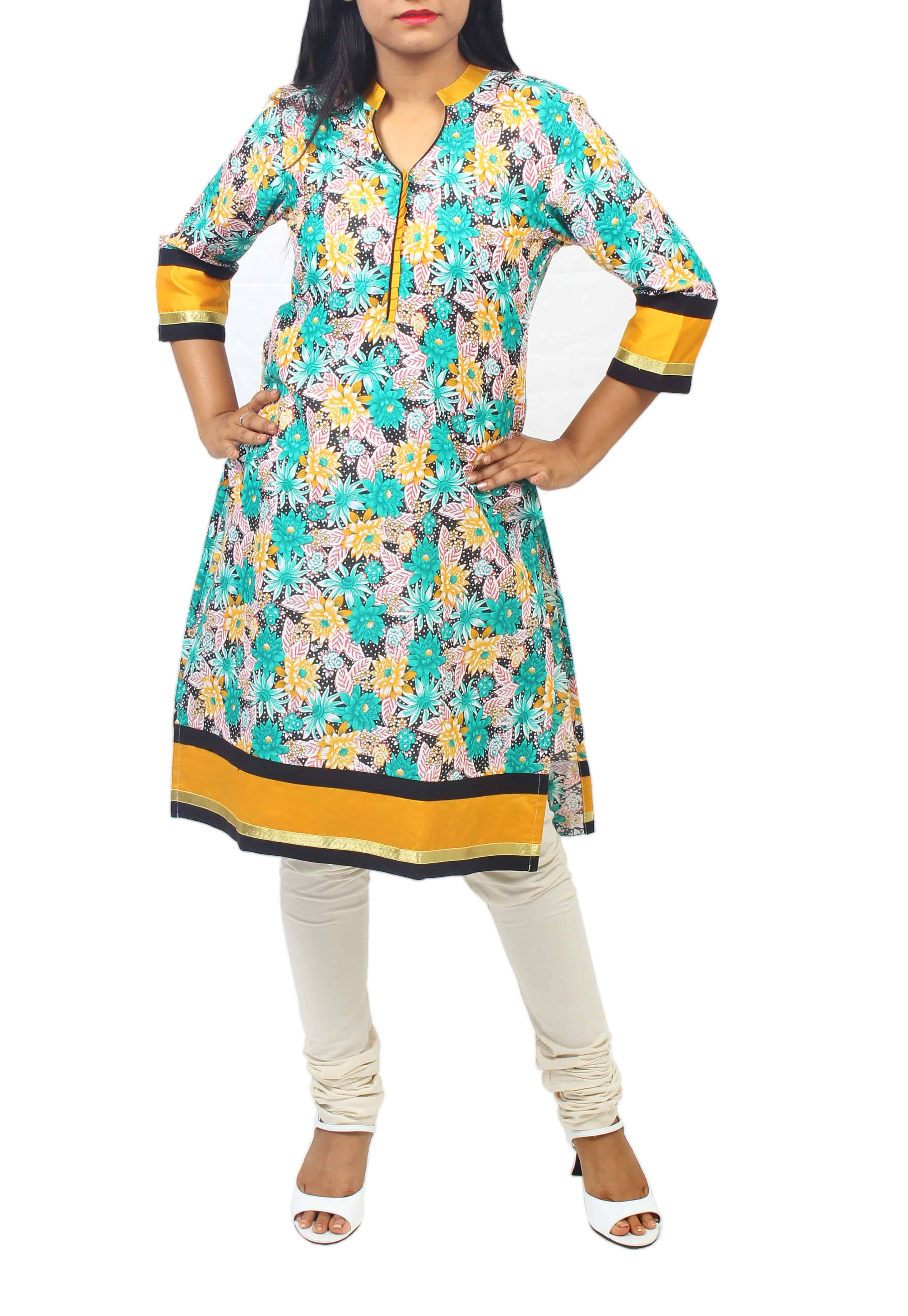 Green White Black and Yellow Floral Printed Cotton Kurti with Mustard Yellow Border and Gold Trim Lace Enhanced with Black Trim-ROK068