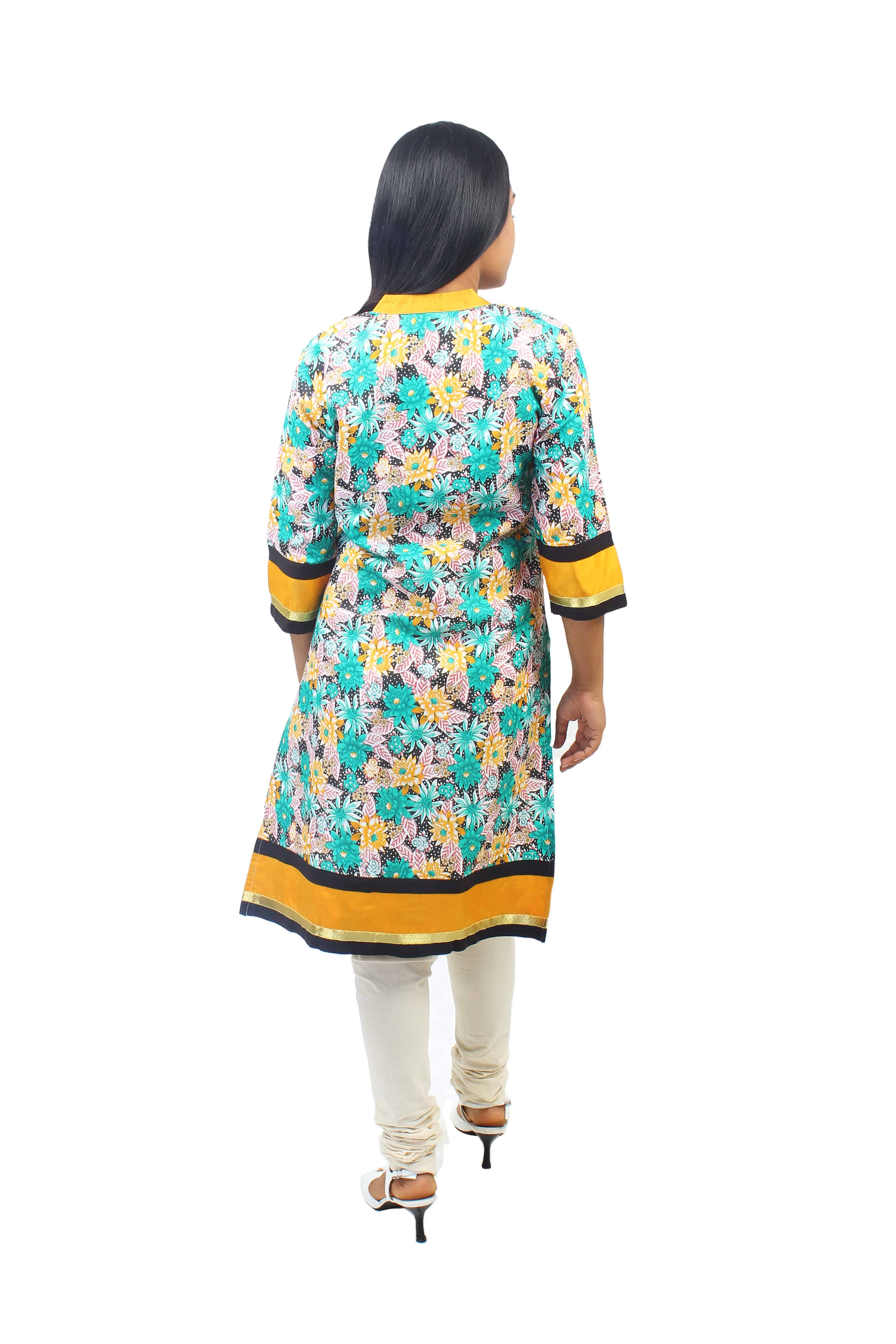 Green White Black and Yellow Floral Printed Cotton Kurti with Mustard Yellow Border and Gold Trim Lace Enhanced with Black Trim-ROK068