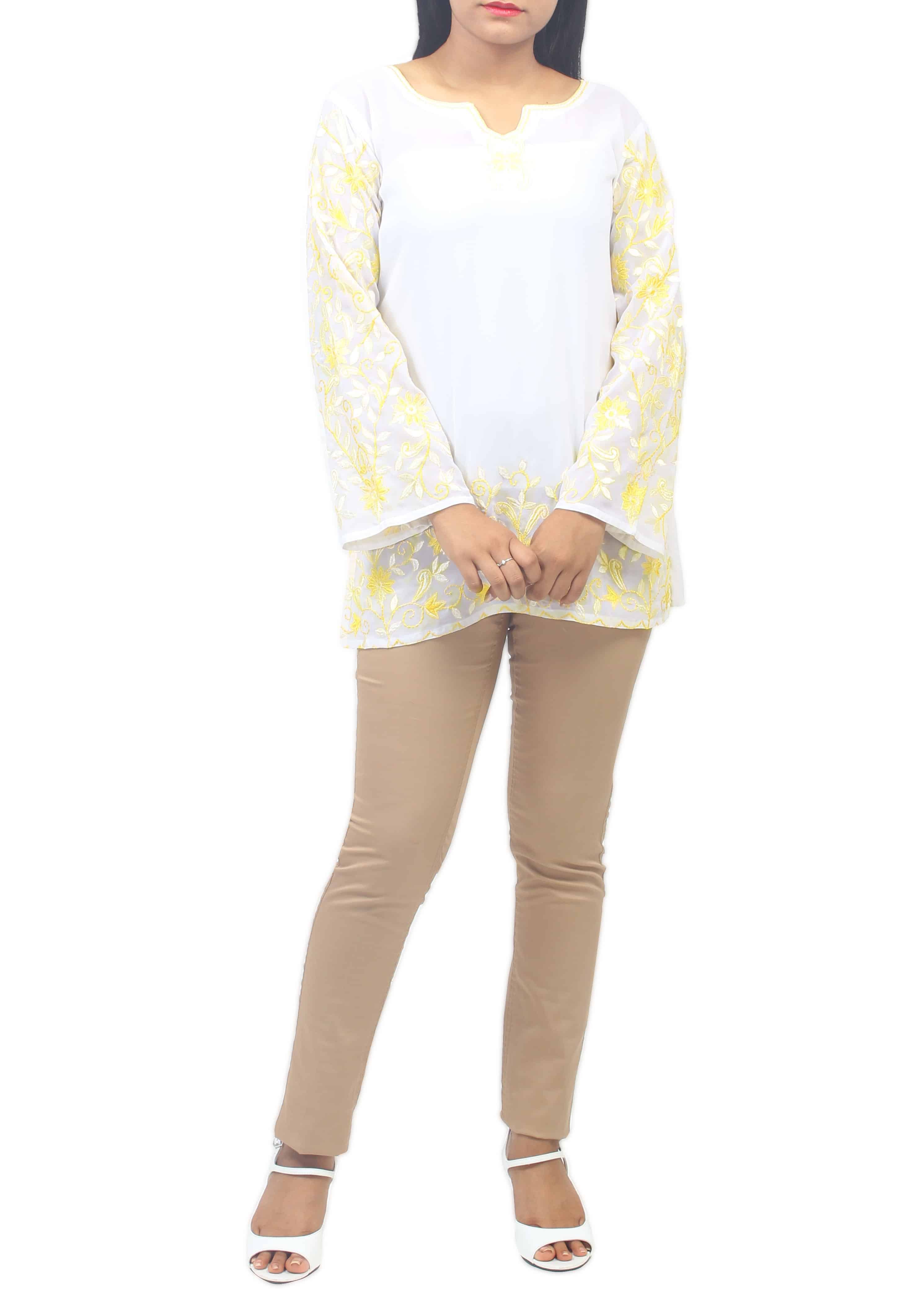 White Short Tunic Top with Yellow & Cream Floral Embroidery at Sleeves and Hemline. Sheer Top Inner Not Included-ROK002
