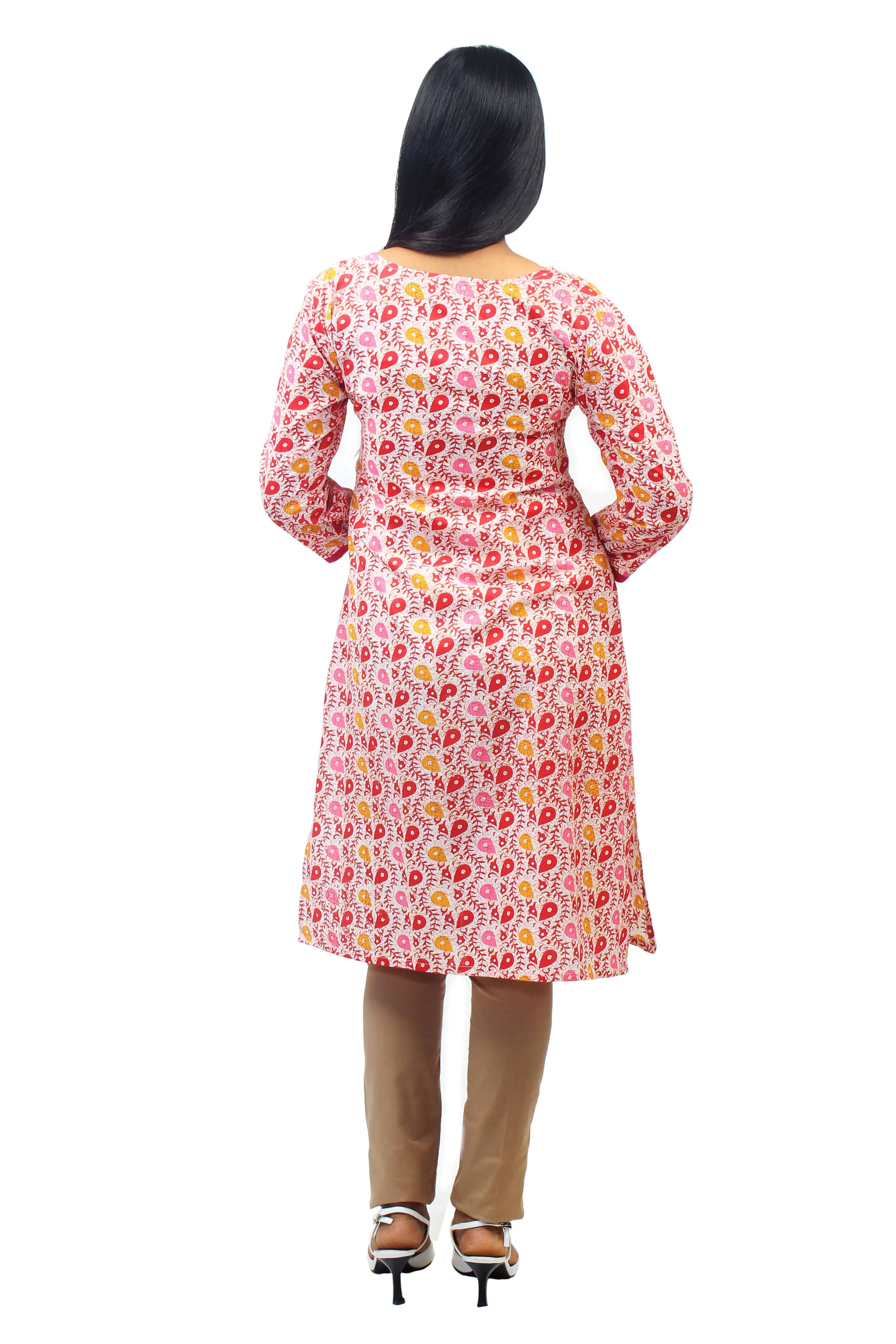 Pretty Red, Yellow and Cream Printed Cotton Kurti with Thread Work Yoke Details-ROK067