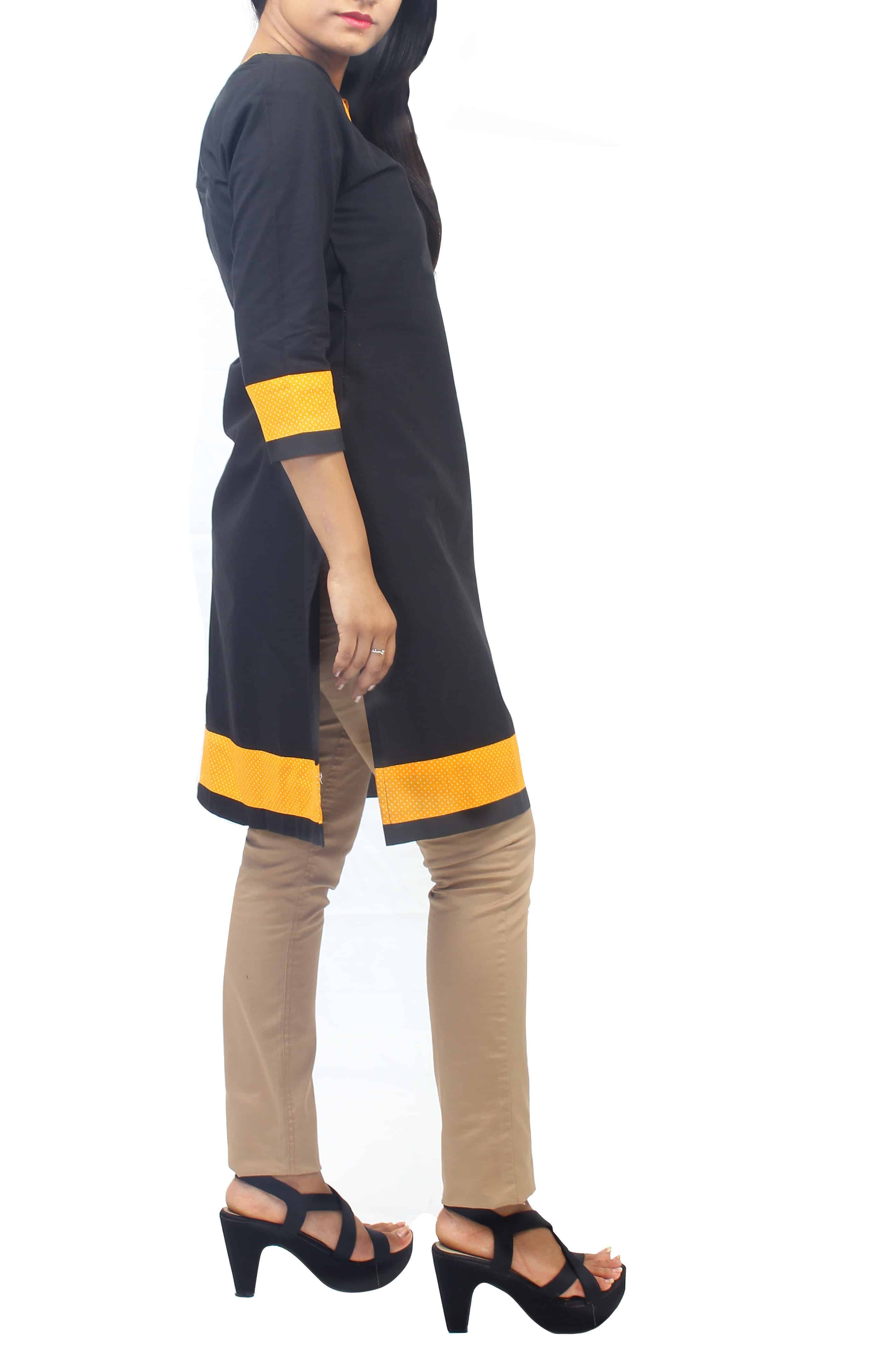 Black Cotton Kurti with Mustard Yellow Polka Dot Border Details-ROK069