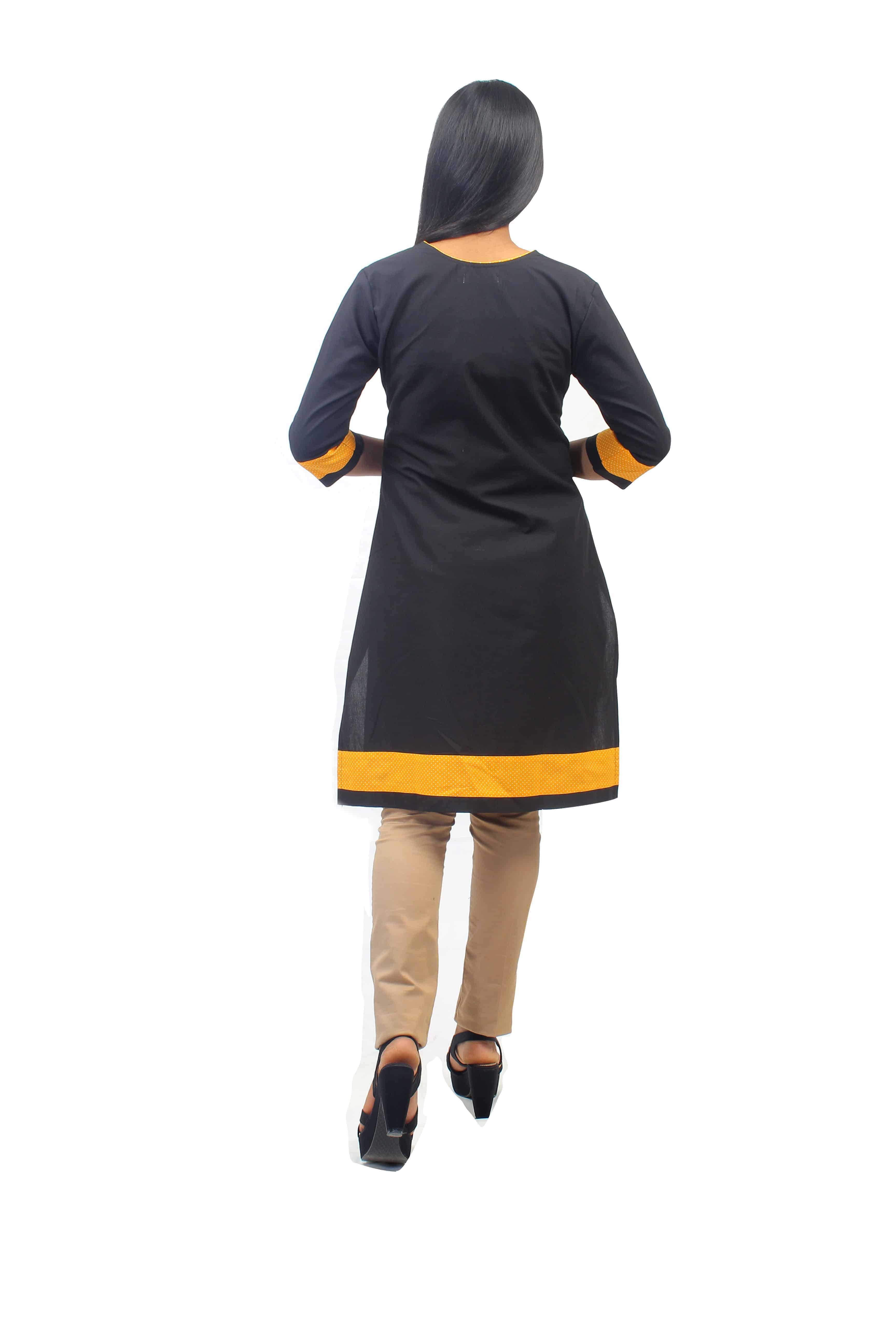 Black Cotton Kurti with Mustard Yellow Polka Dot Border Details-ROK069