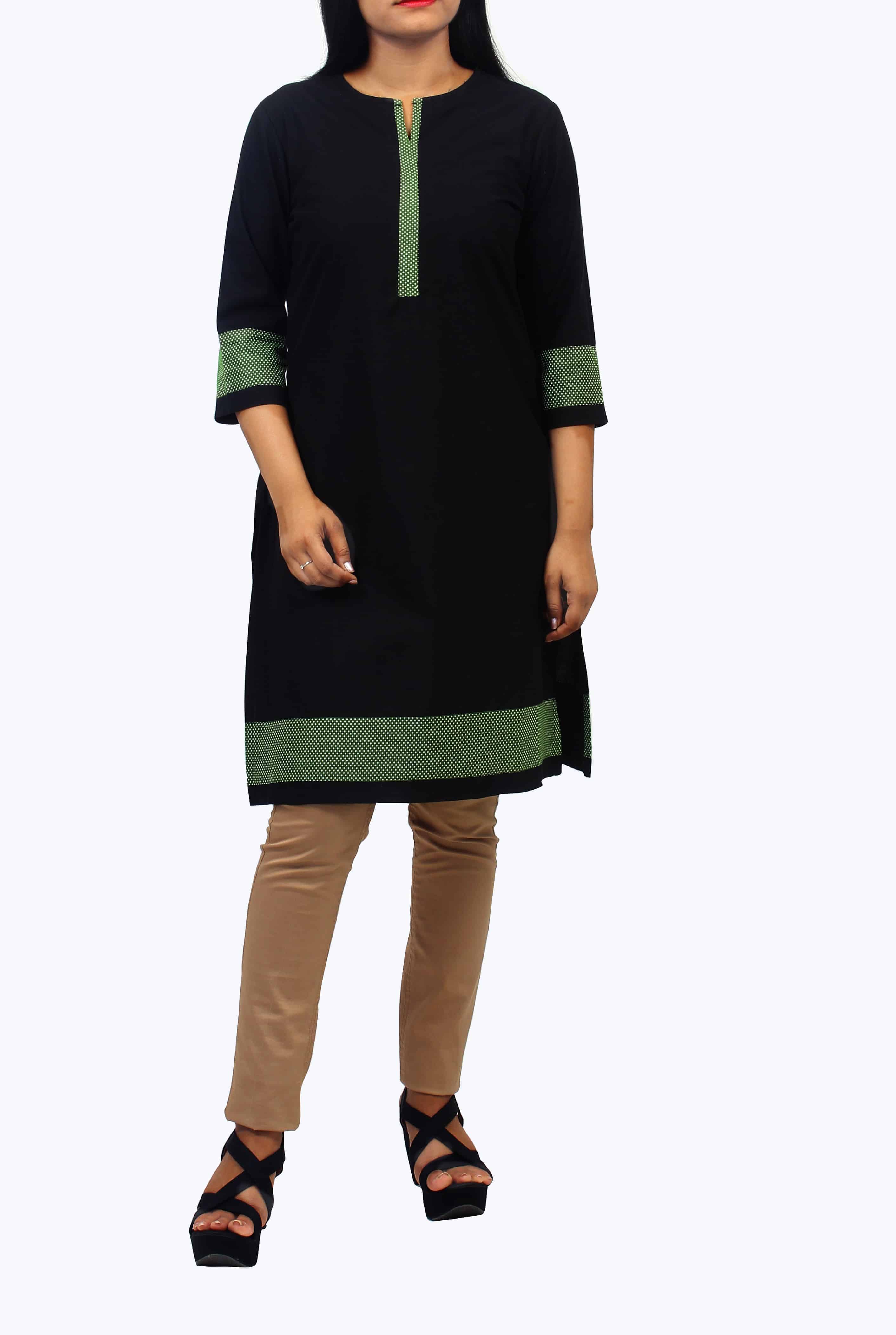 Black Cotton Kurti with Green Polka Dot Border Details at Hemline and Sleeves-ROK069A