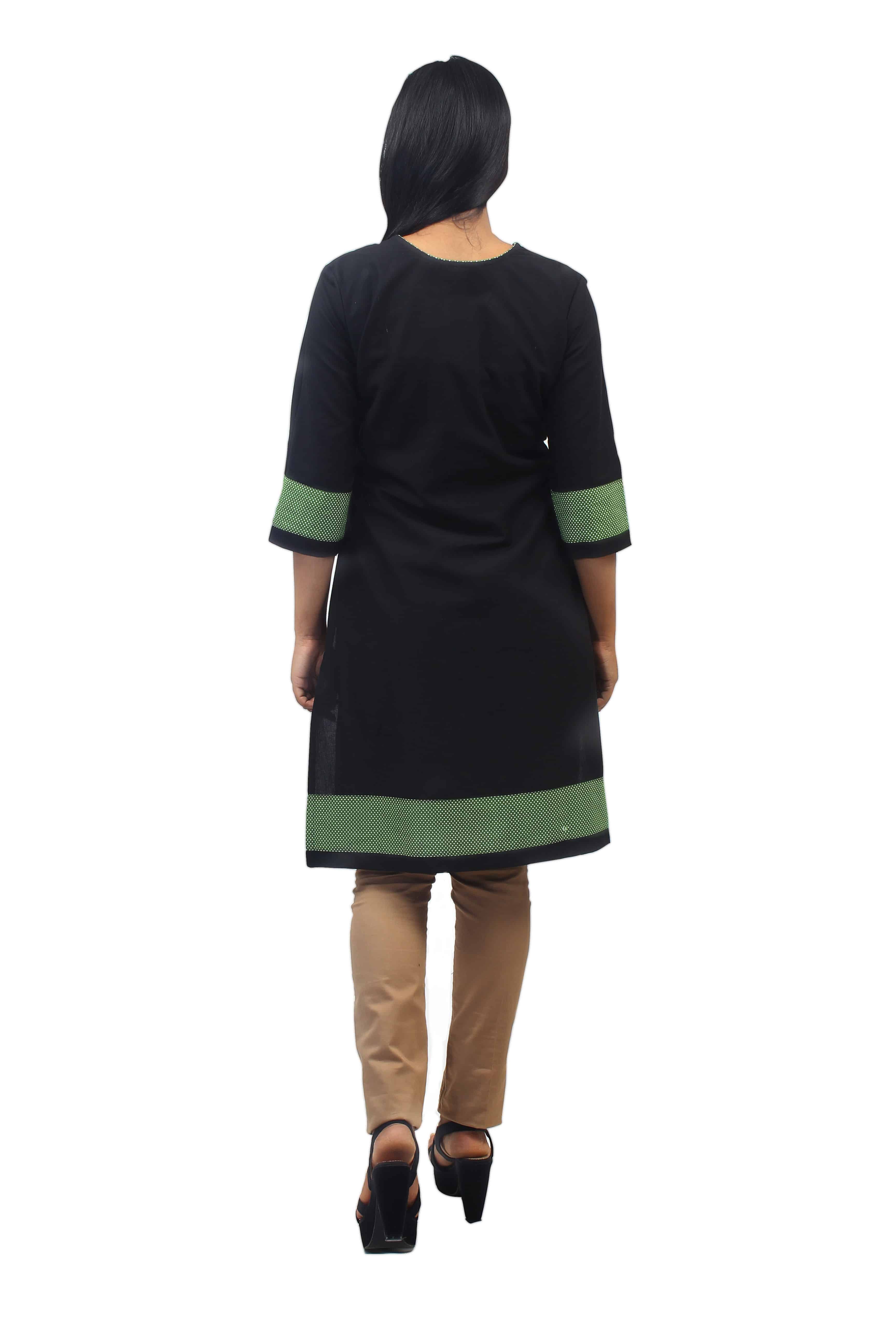 Black Cotton Kurti with Green Polka Dot Border Details at Hemline and Sleeves-ROK069A