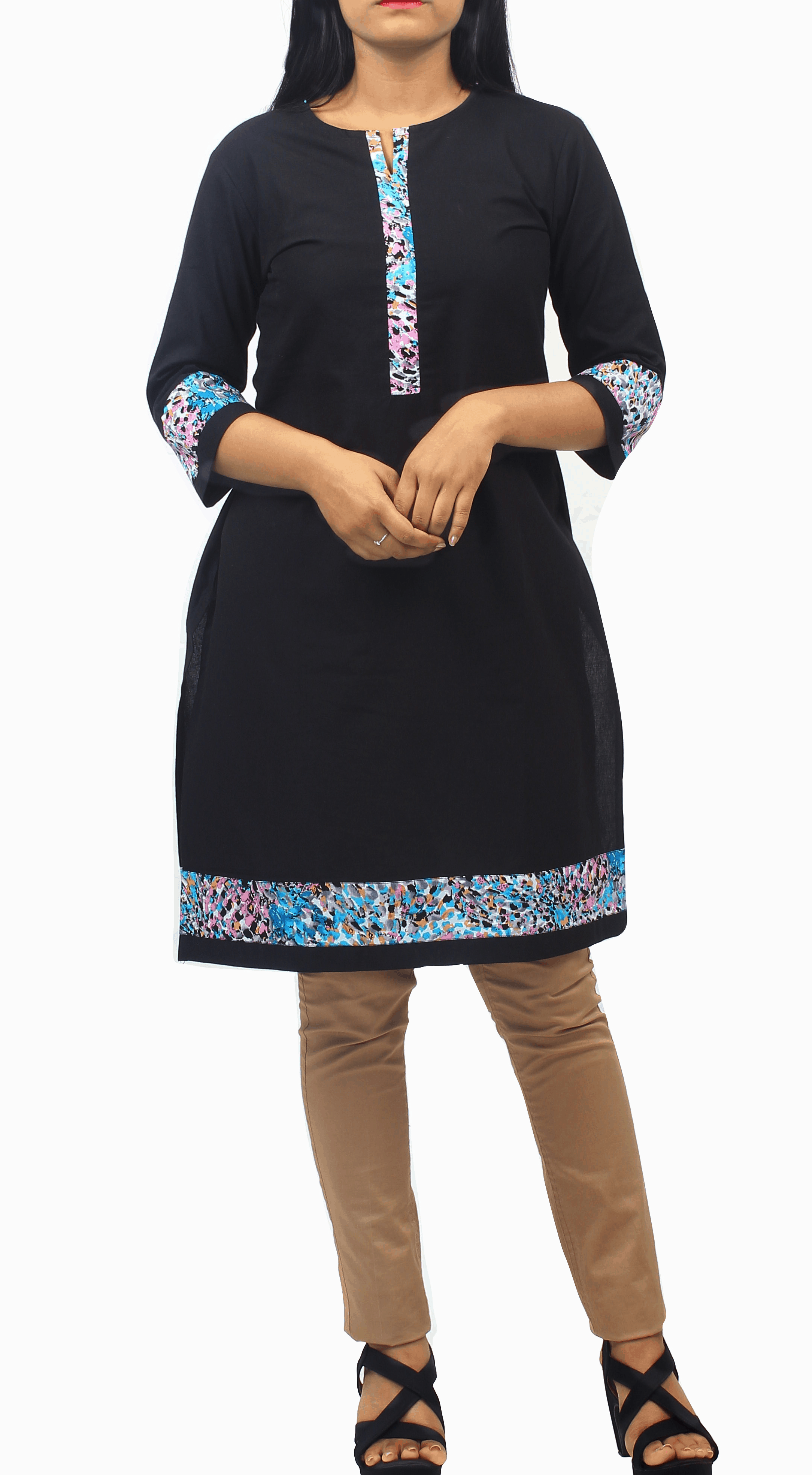 Black Cotton Kurti with Aqua Blue, Pink and Black Abstract Print Fabric Details-ROK066B
