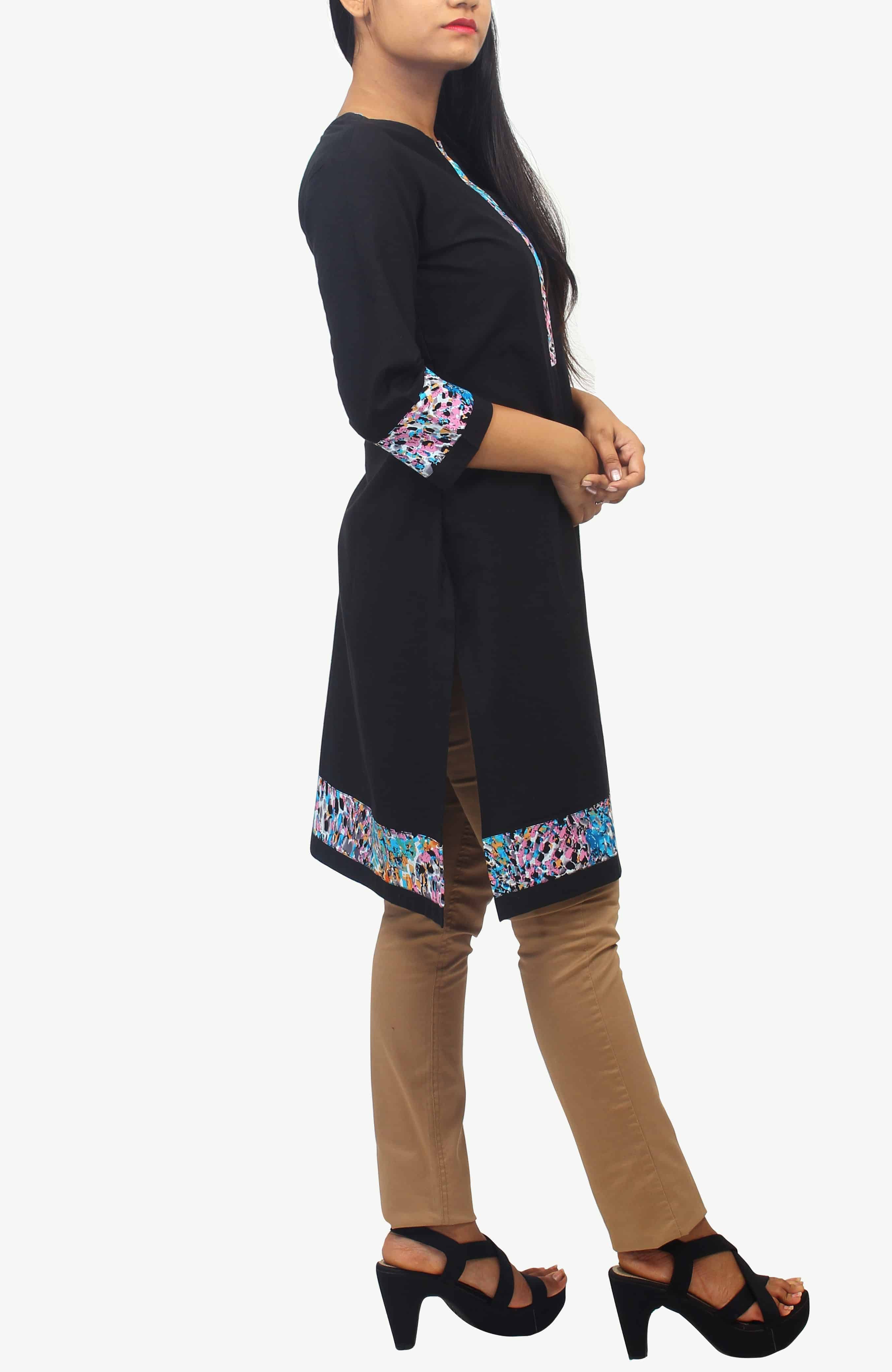 Black Cotton Kurti with Aqua Blue, Pink and Black Abstract Print Fabric Details-ROK066B