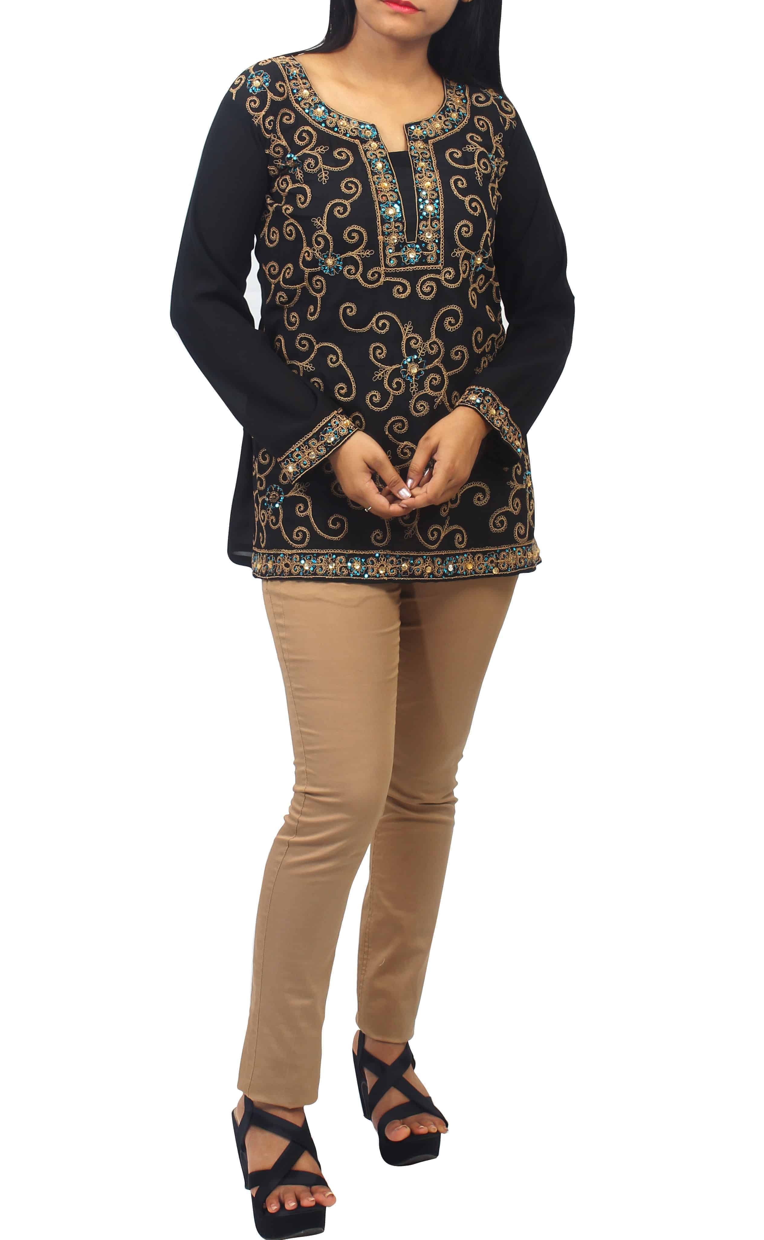 Black Short Tunic Top with Blue Aqua Stone Neckline and Gold Thread Embroidery-ROK017