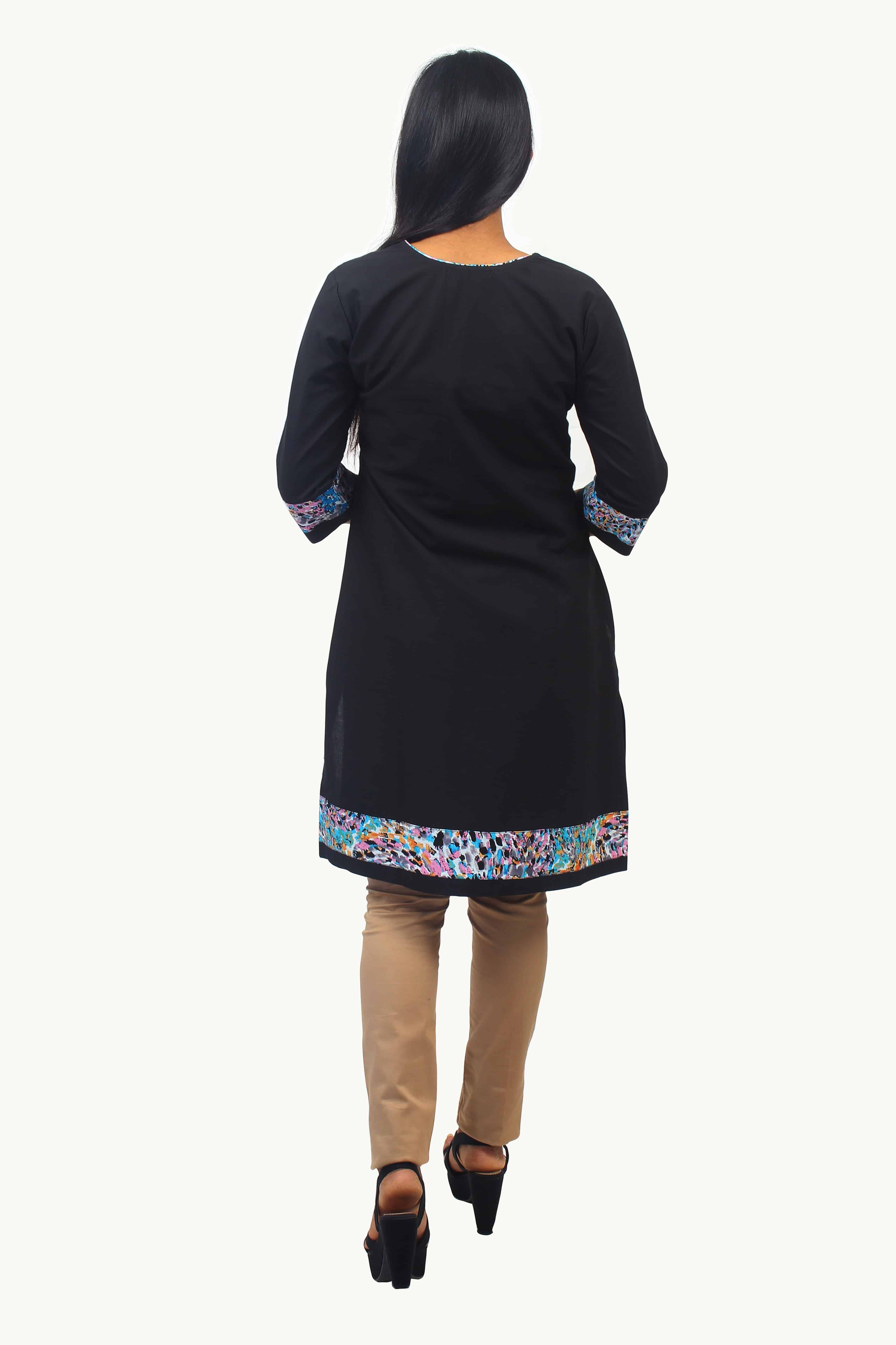 Black Cotton Kurti with Aqua Blue, Pink and Black Abstract Print Fabric Details-ROK066B