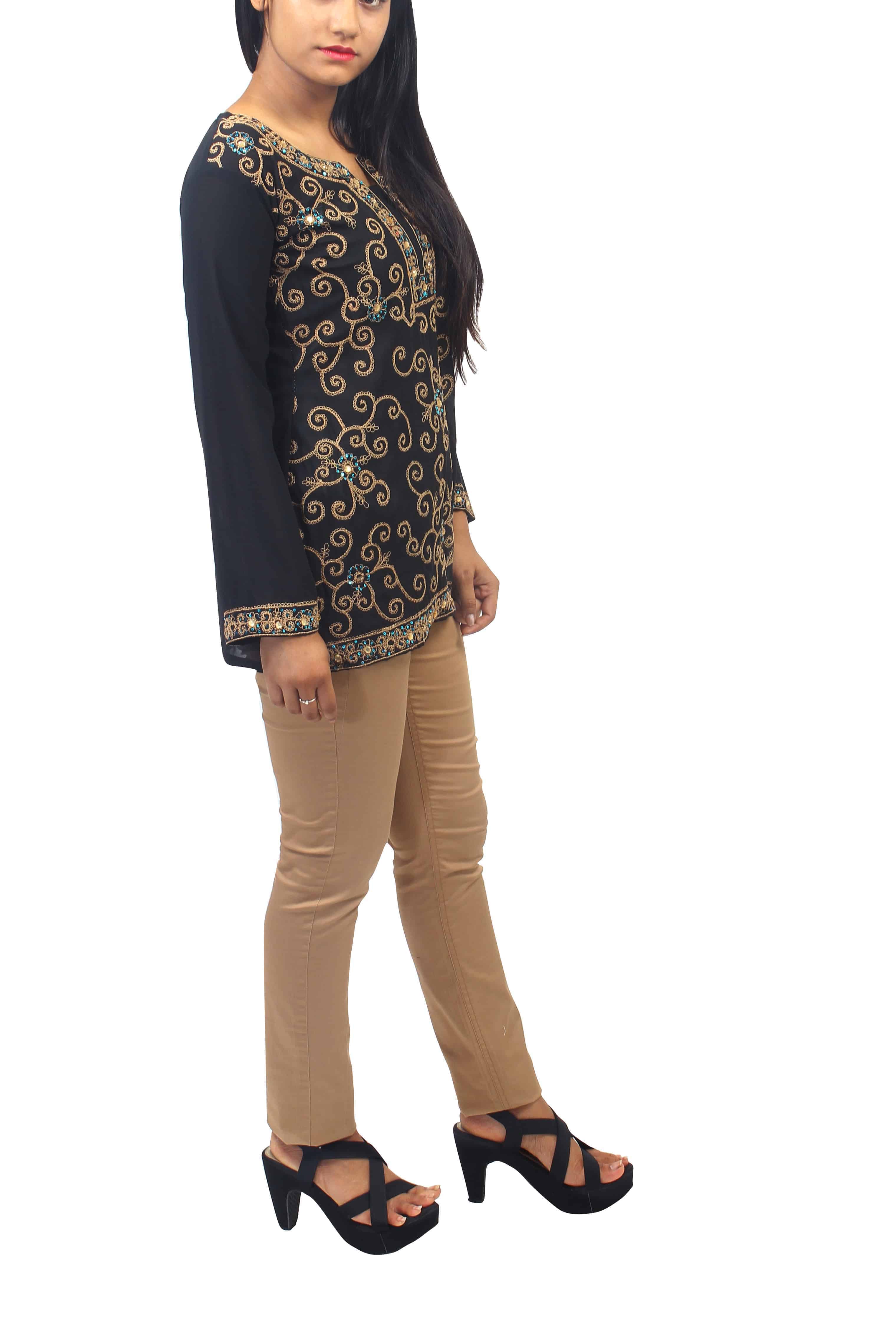 Black Short Tunic Top with Blue Aqua Stone Neckline and Gold Thread Embroidery-ROK017