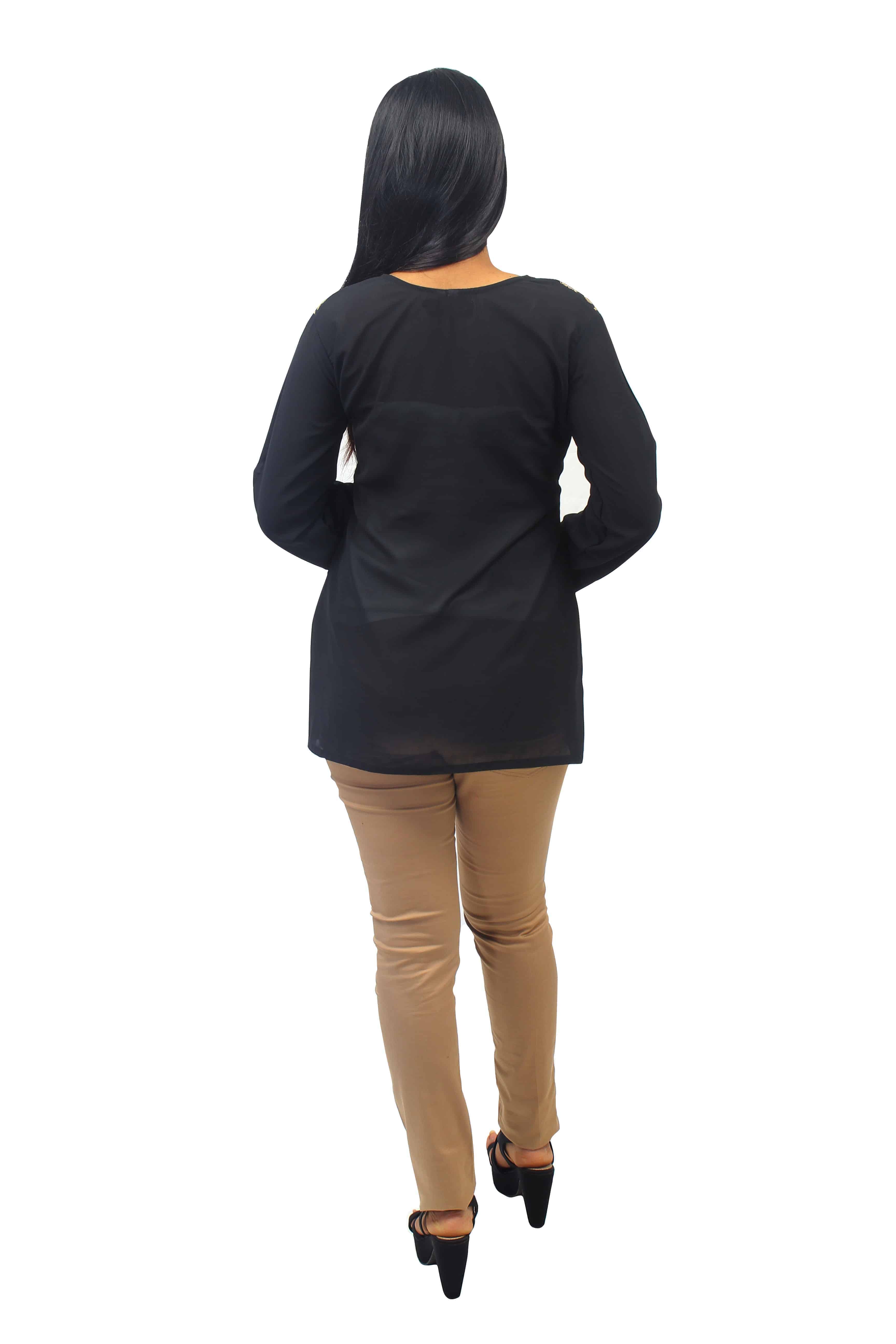 Black Short Tunic Top with Blue Aqua Stone Neckline and Gold Thread Embroidery-ROK017