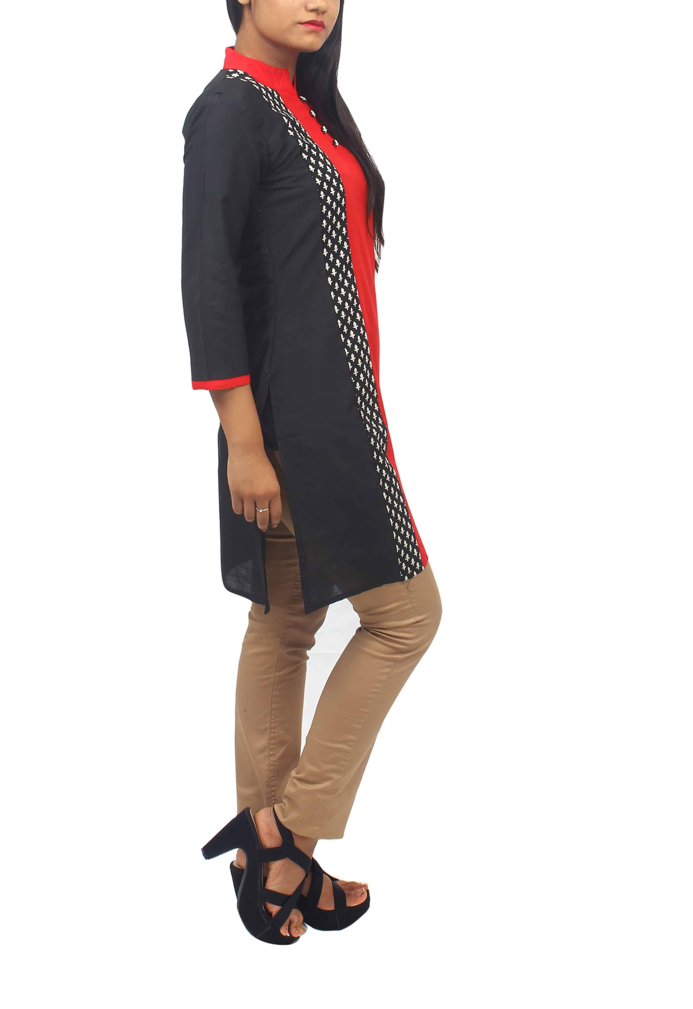 Black Short Collar and Front Button kurti with Black and White Printed PanelsROK070