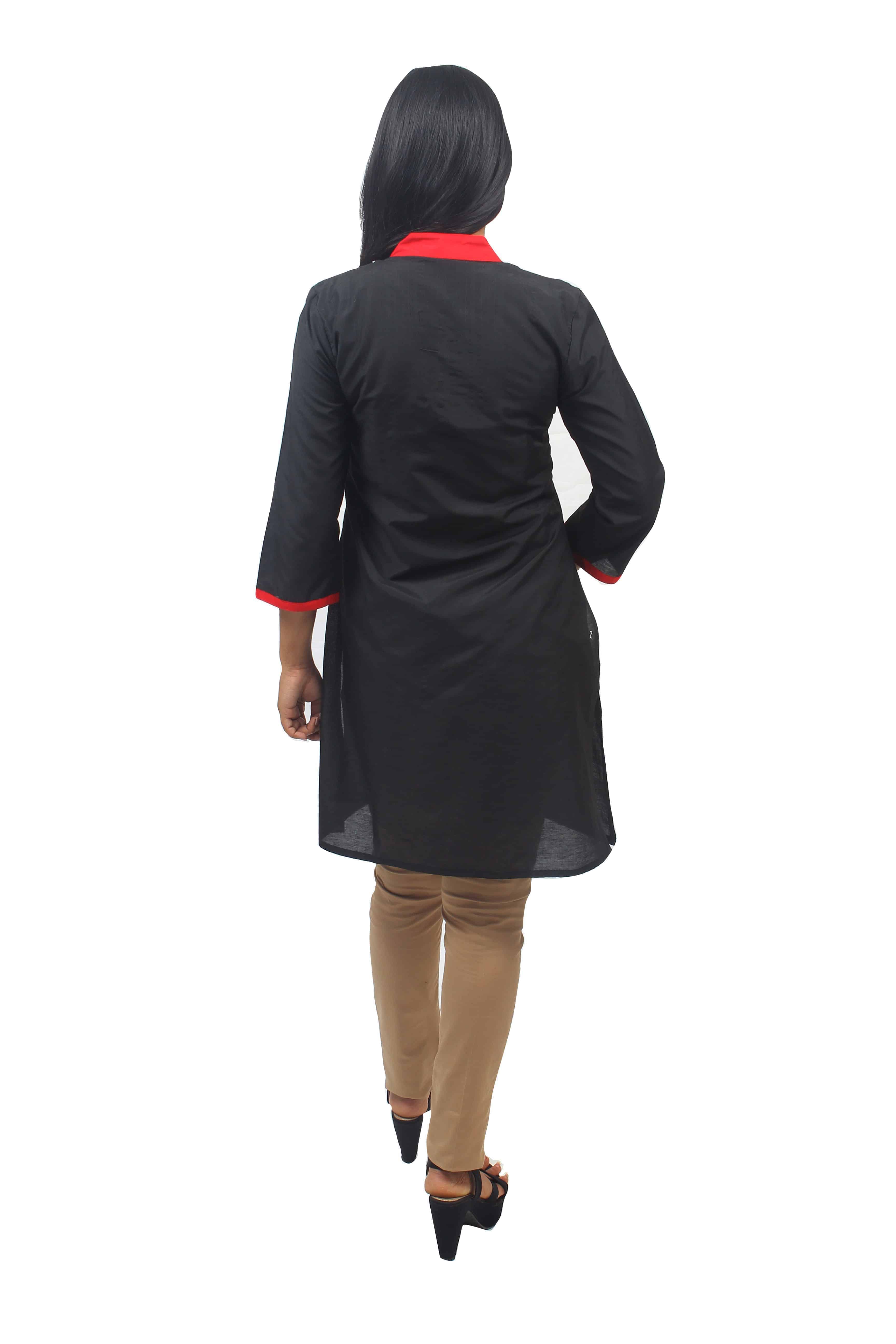 Black Short Collar and Front Button kurti with Black and White Printed PanelsROK070
