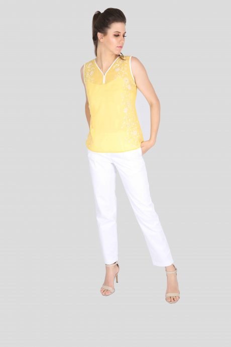 Deep yellow hand embroidered sleeveless top