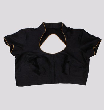 Black Color Silk Fashion Neck Ladies Blouse with Gold Piping-RKFWW11