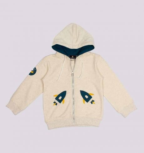 Boys Beige Colour Hoodie with trendy airplane/spaceship handmade applique details-RKFCW 26