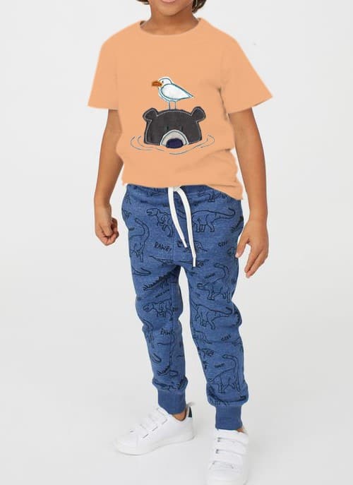 Teddy Bear & bird Applique half sleeves T-Shirt-RKFCBT001