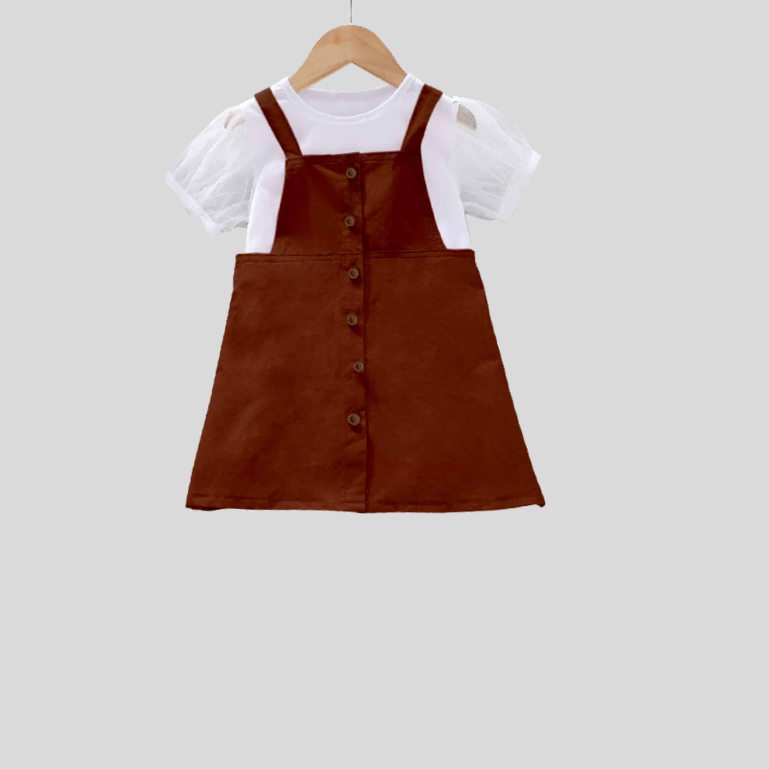 brown dungri with white t-shirt with net puff sleeves- RKFCW124