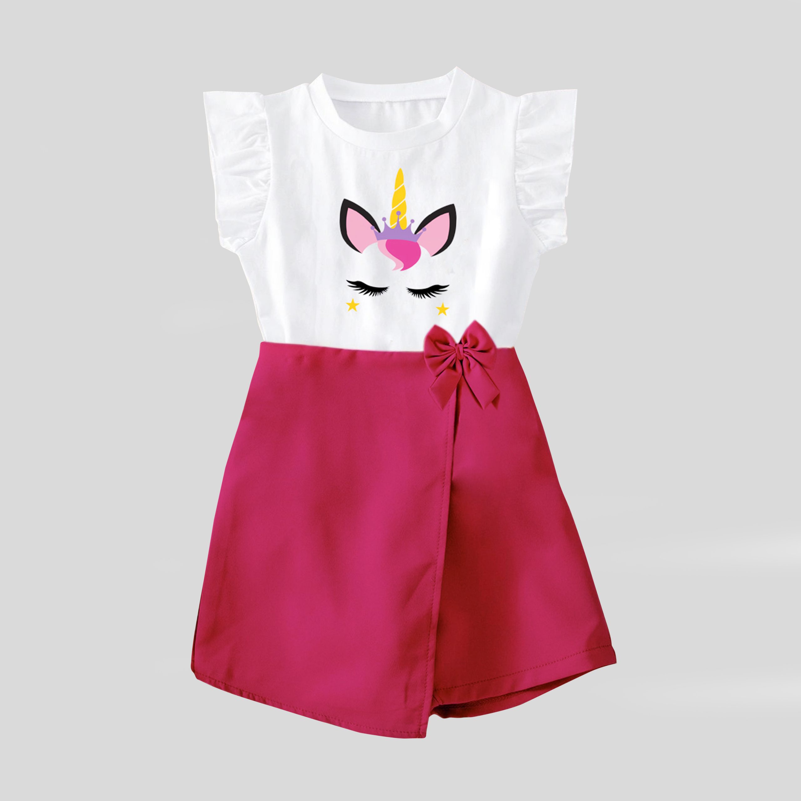 Dark pink jumpsuit with beautifull unicorn print with flap and bow at waist and frilled slevees-RKFCW100