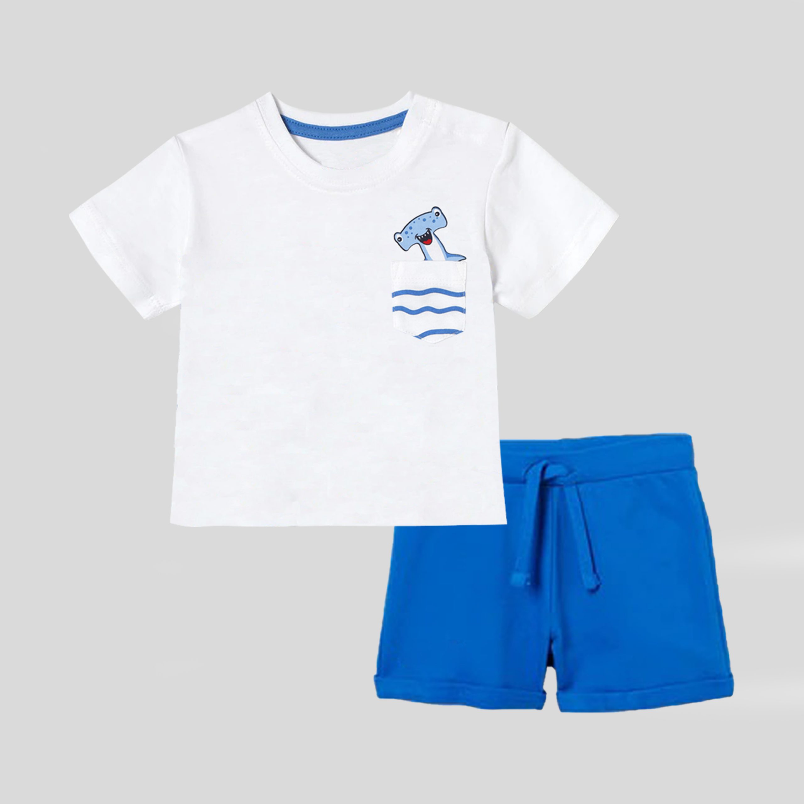 Boys white Tee with Cute Print and Blue Shorts-RKFCW103