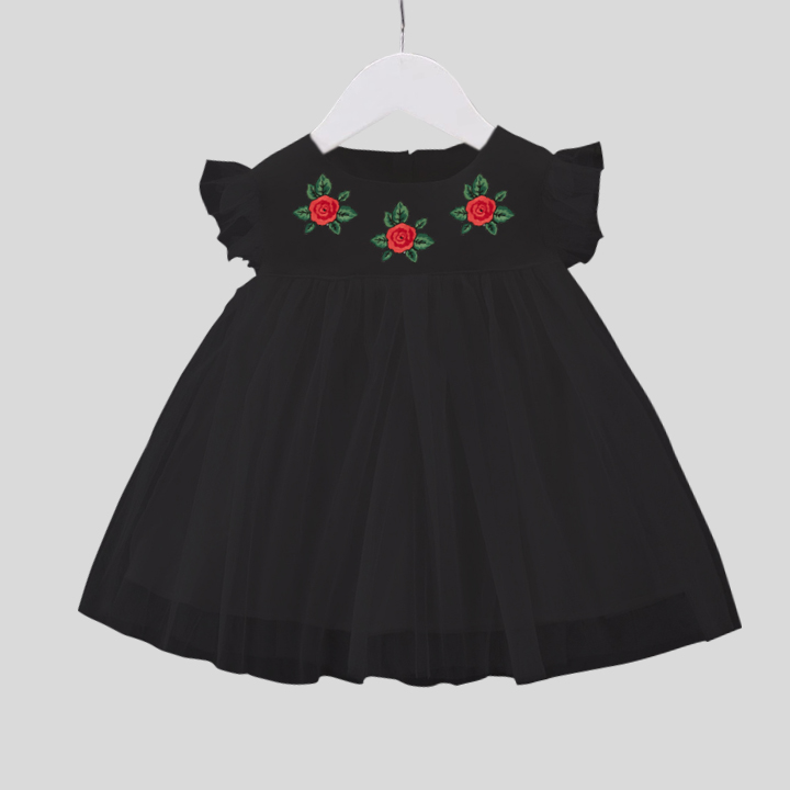 Girls party wear black net frill dress and frilled sleeves and floral print at neck-RKFCW131