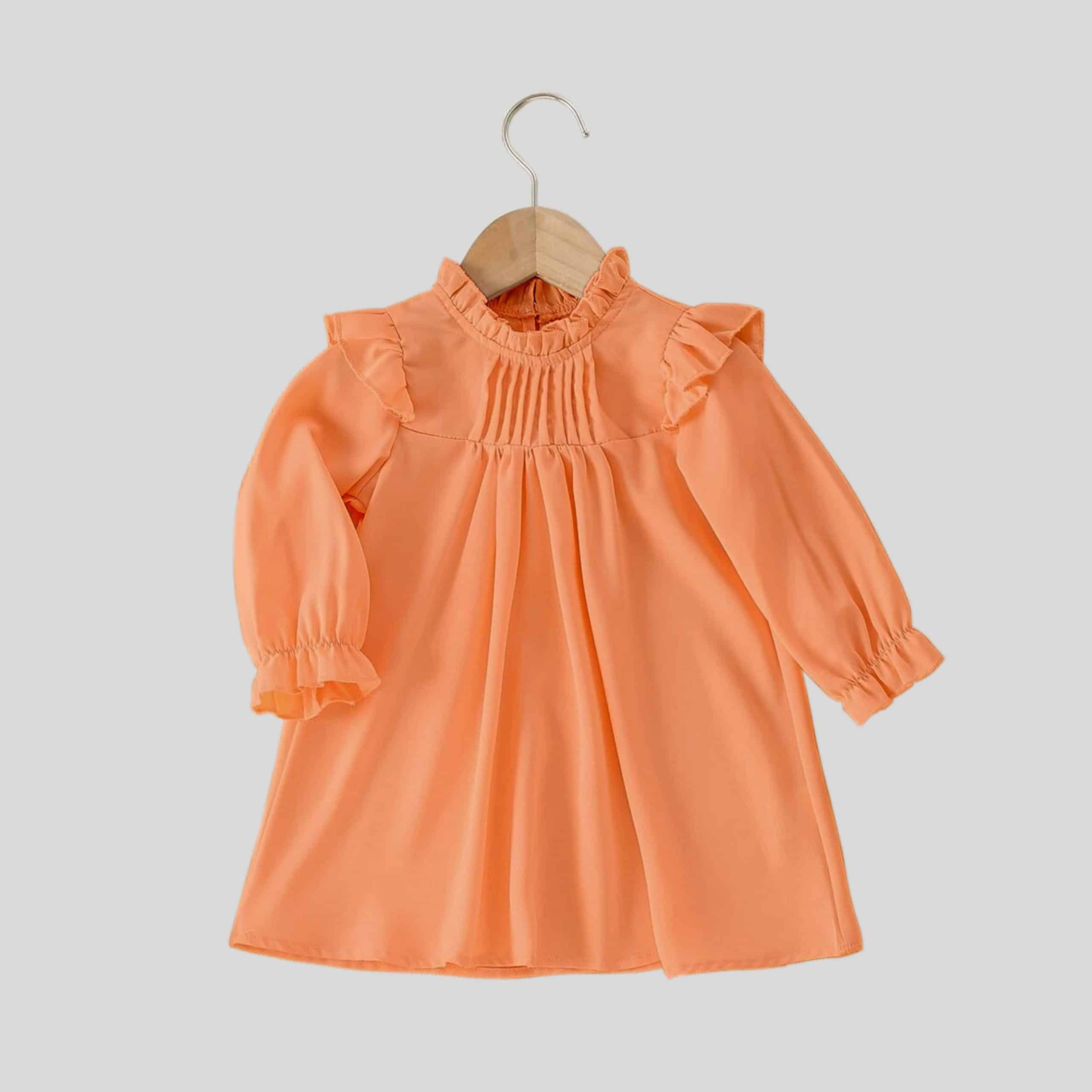 Girls deep peach full sleeves frill collar and tiny pleated yoke-RKFCW228