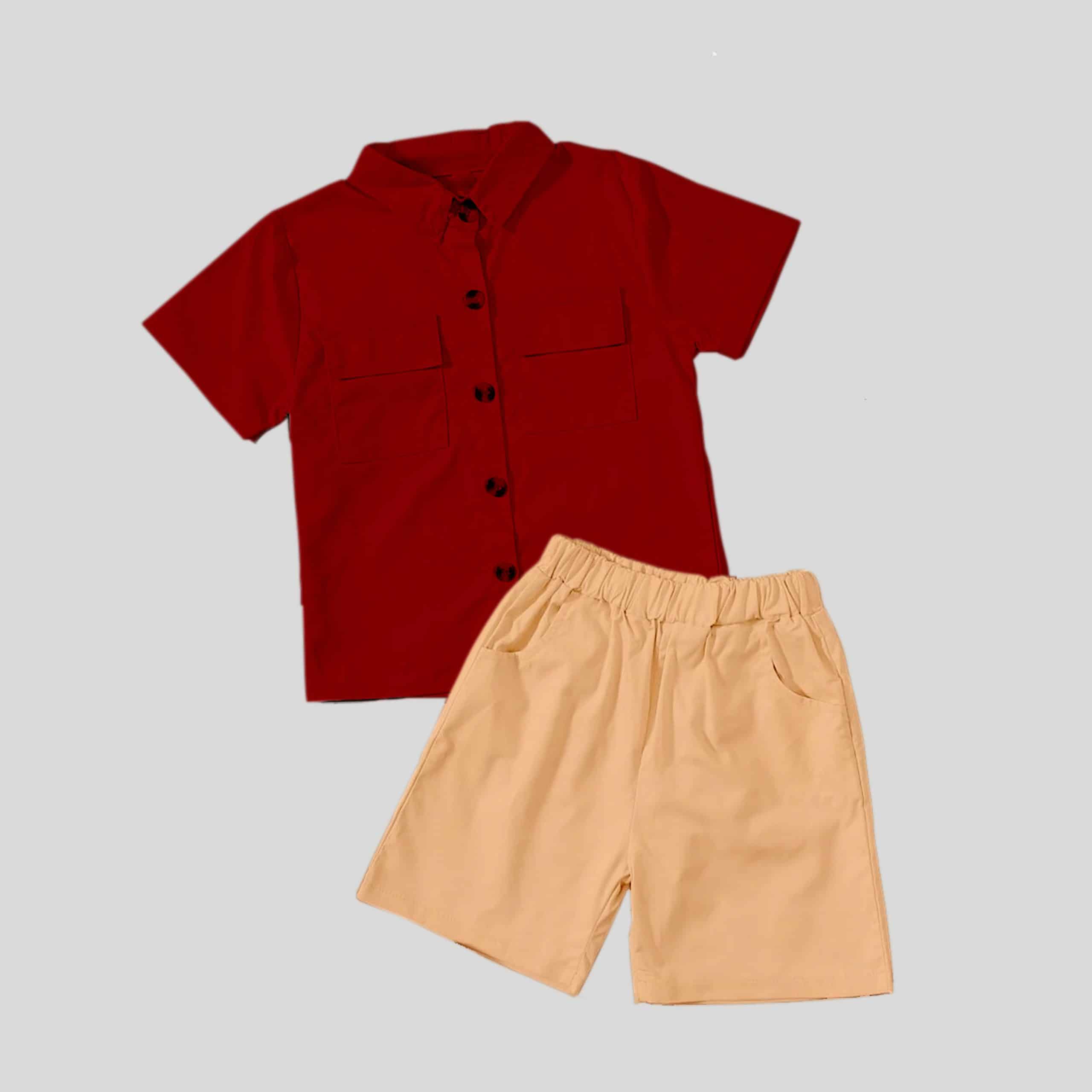 Boys maroon Button Front Shirt & cream elastic Shorts-RKFCW182