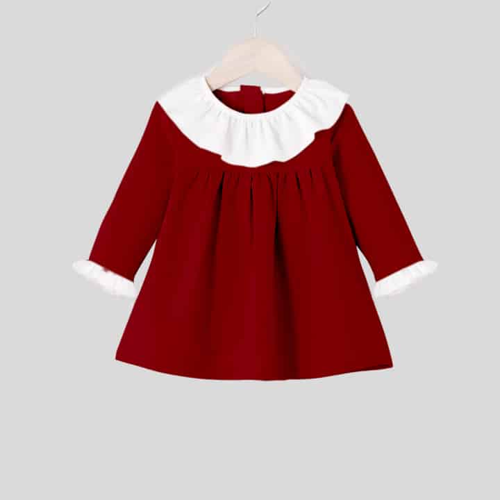Cute maroon girls dress with ruffle at neck, full sleeves and gathers at waist-RKFCW140
