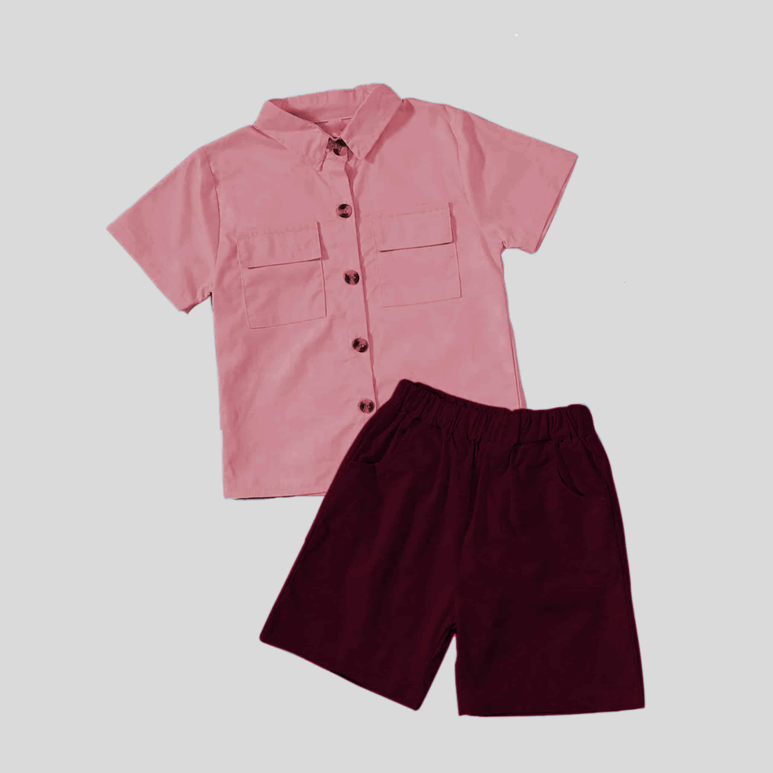 Boys light Pink Button Front Shirt & Maroon elastic Shorts-RKFCW183