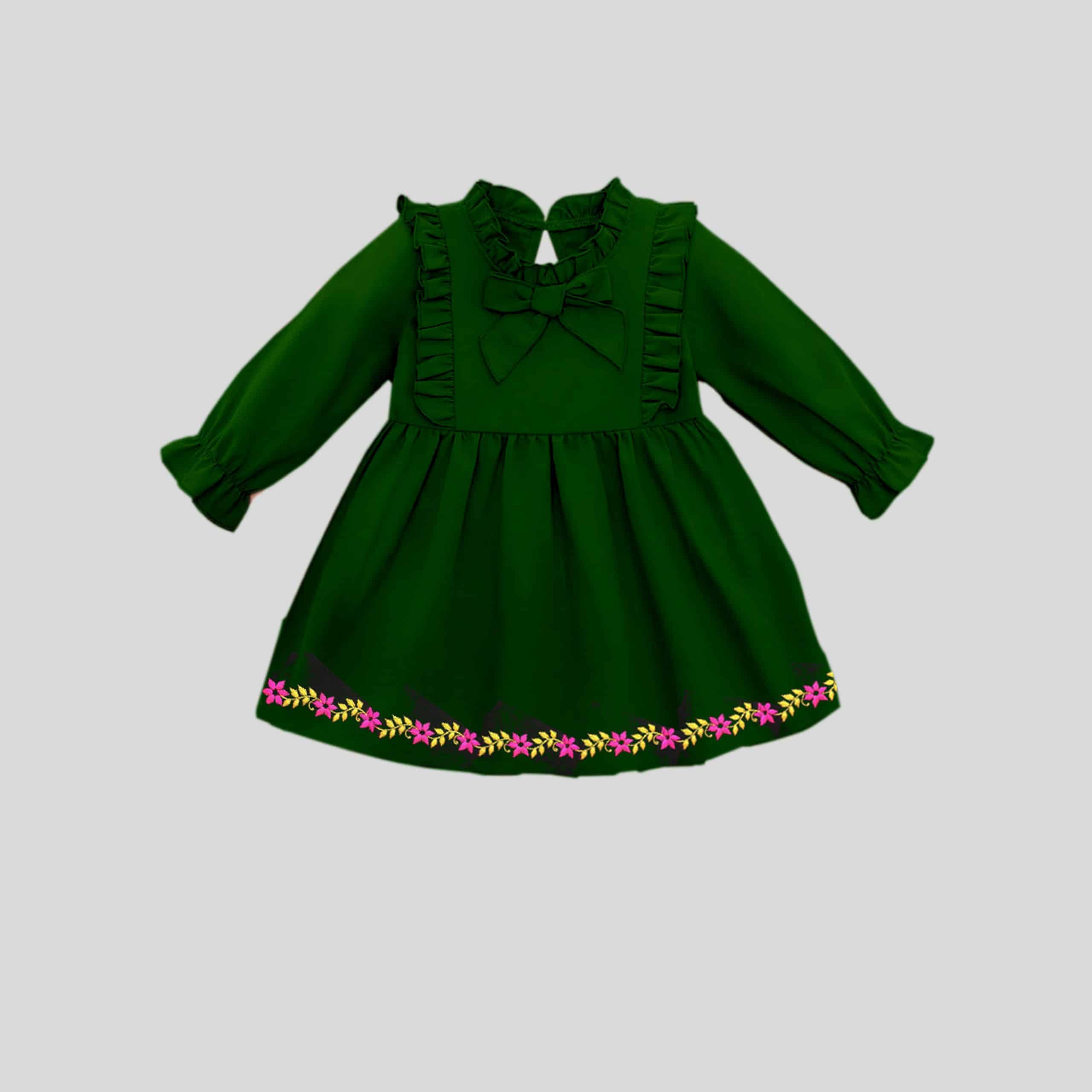 Girls frill and bow tie yoke, full sleeves pretty bottle green dress with floral trim-RKFCW237