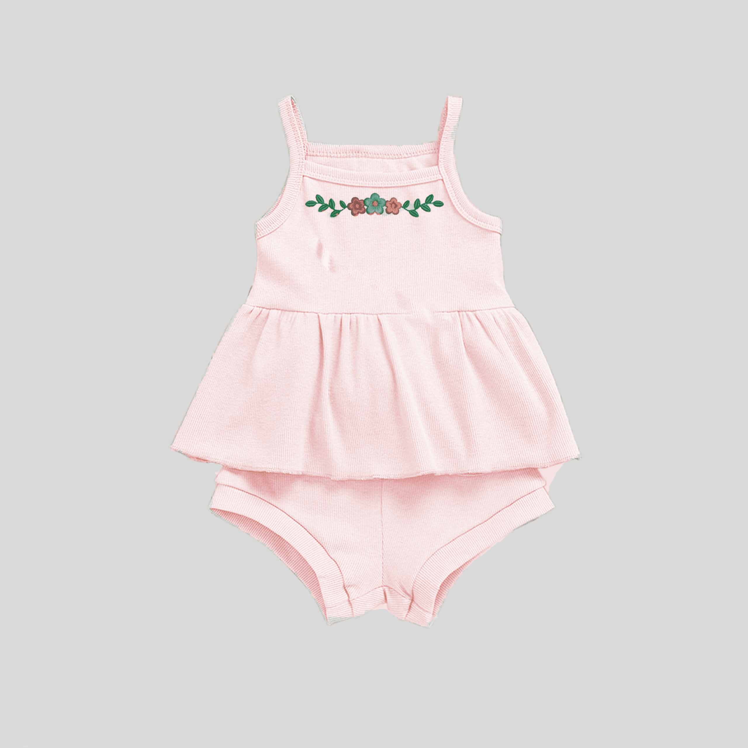 Girls bright Peach pink spaghetti top with cute floral print details and shorts set-RKFCW222