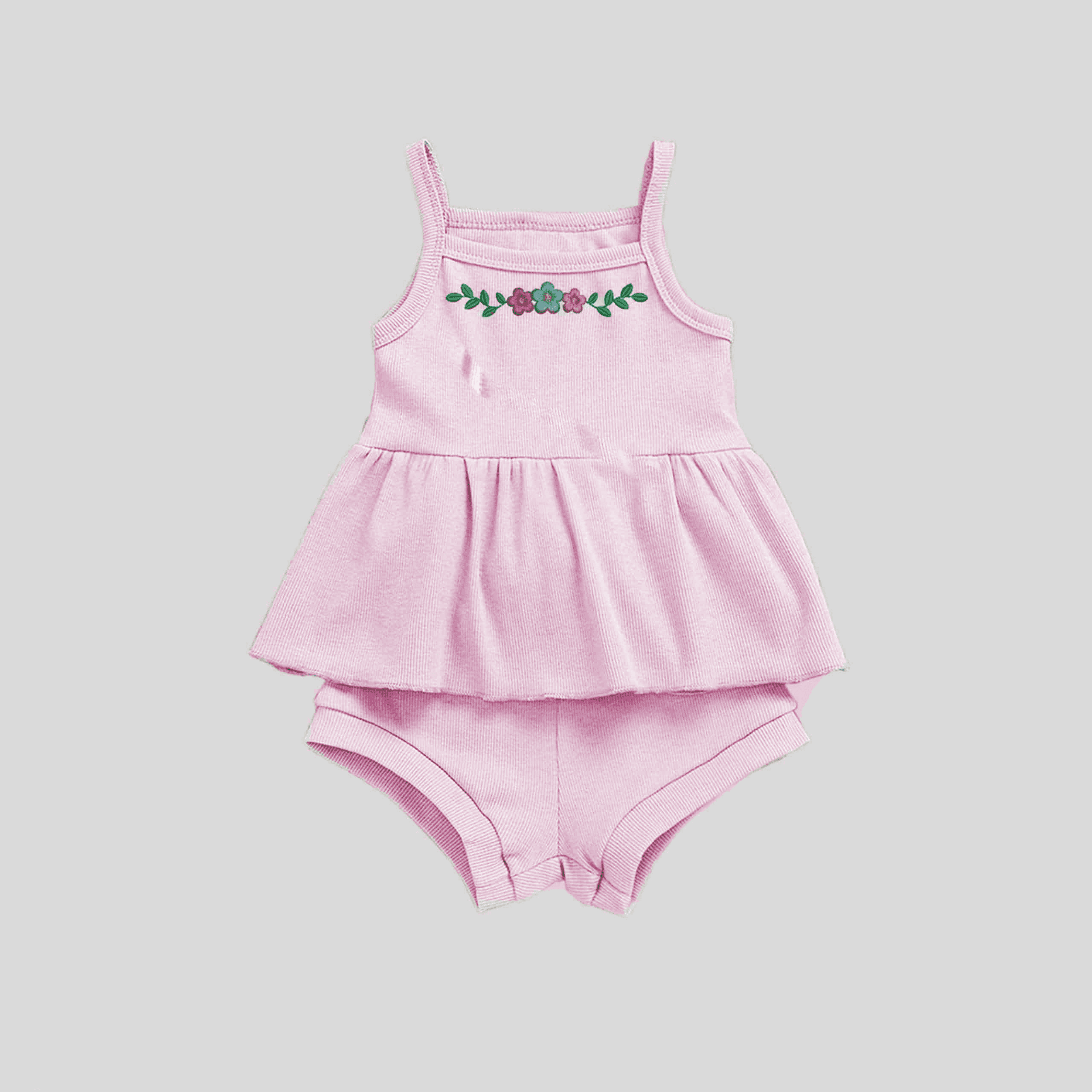 Girls mint Solid Nude spaghetti top with cute floral print details and shorts set-RKFCW231