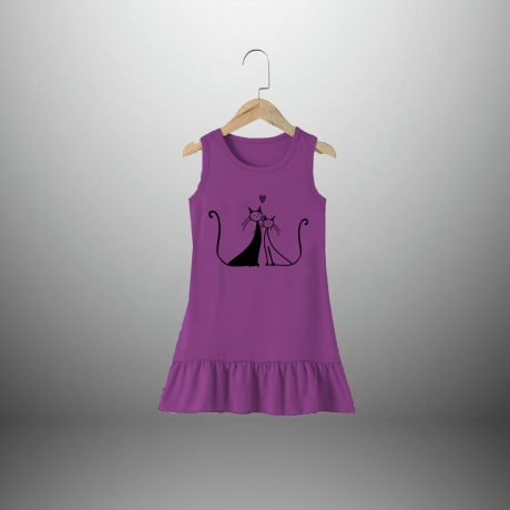 Girls Purple Sleeveless Pretty Cat Print Dress - RKFCW311