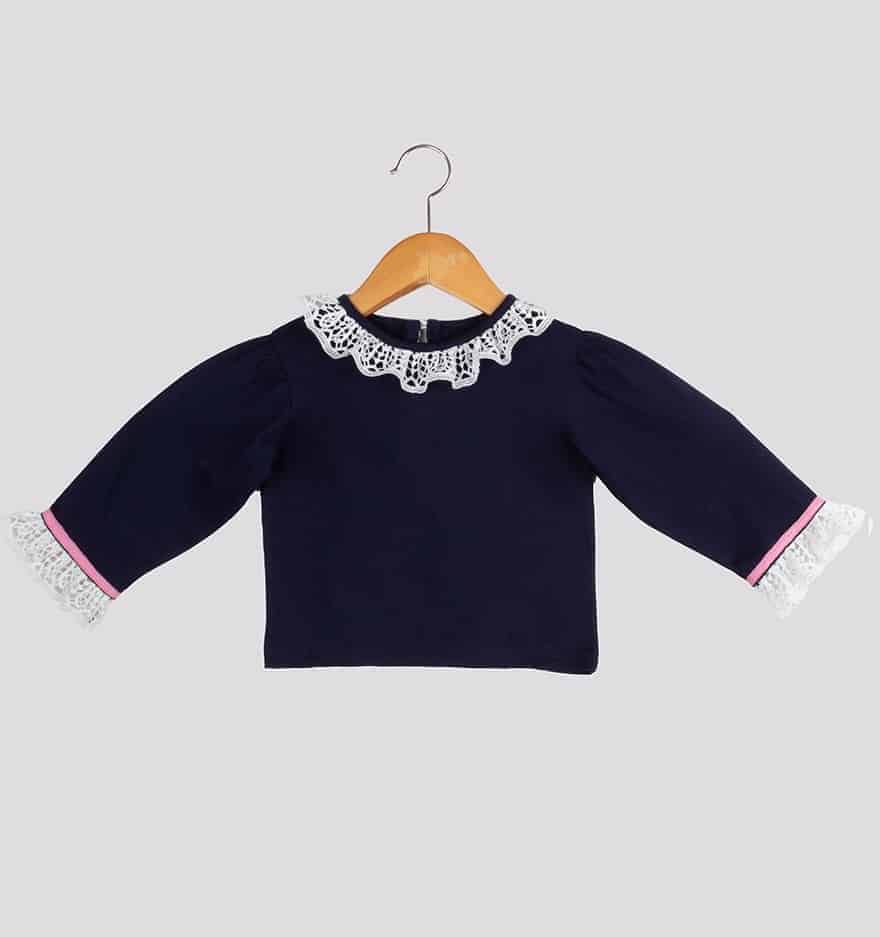 A Navy Blue Smart Top with Lace Collars. It Is Tied with A Pearl Button Behind-RKFC020