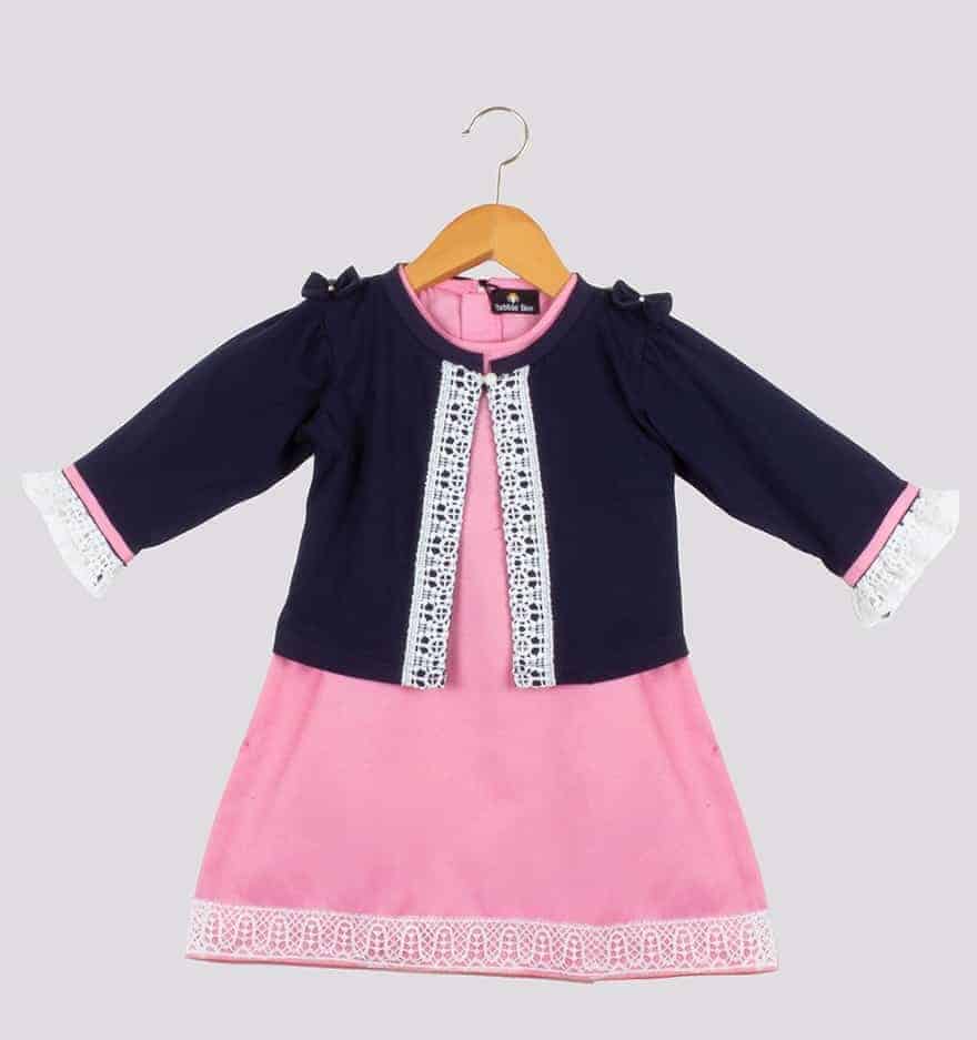 Girls A-line Pink Dress with Navy Bolero-RKFC022