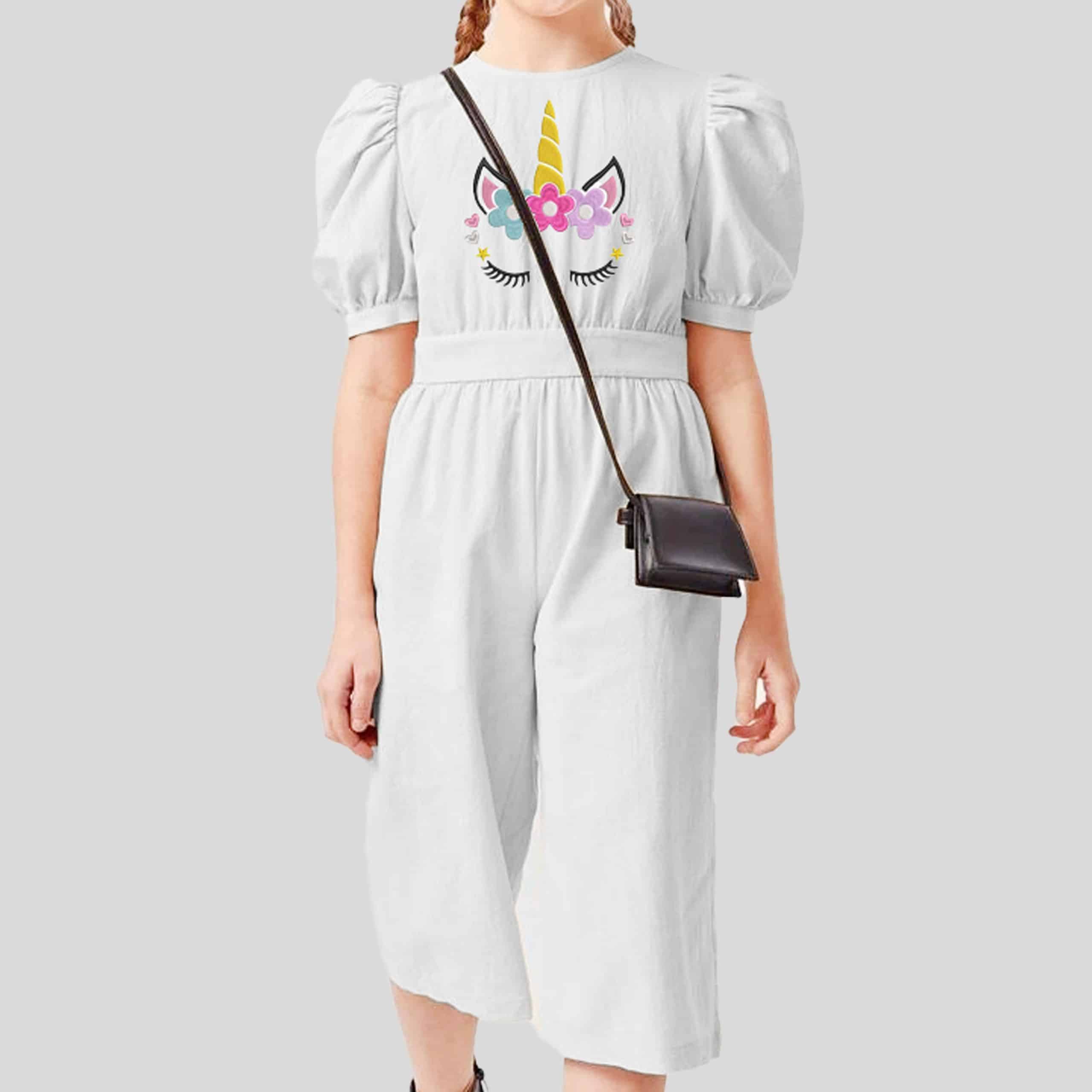 Girls white unicorn jumpsuit with puff sleeve - RKFCW155