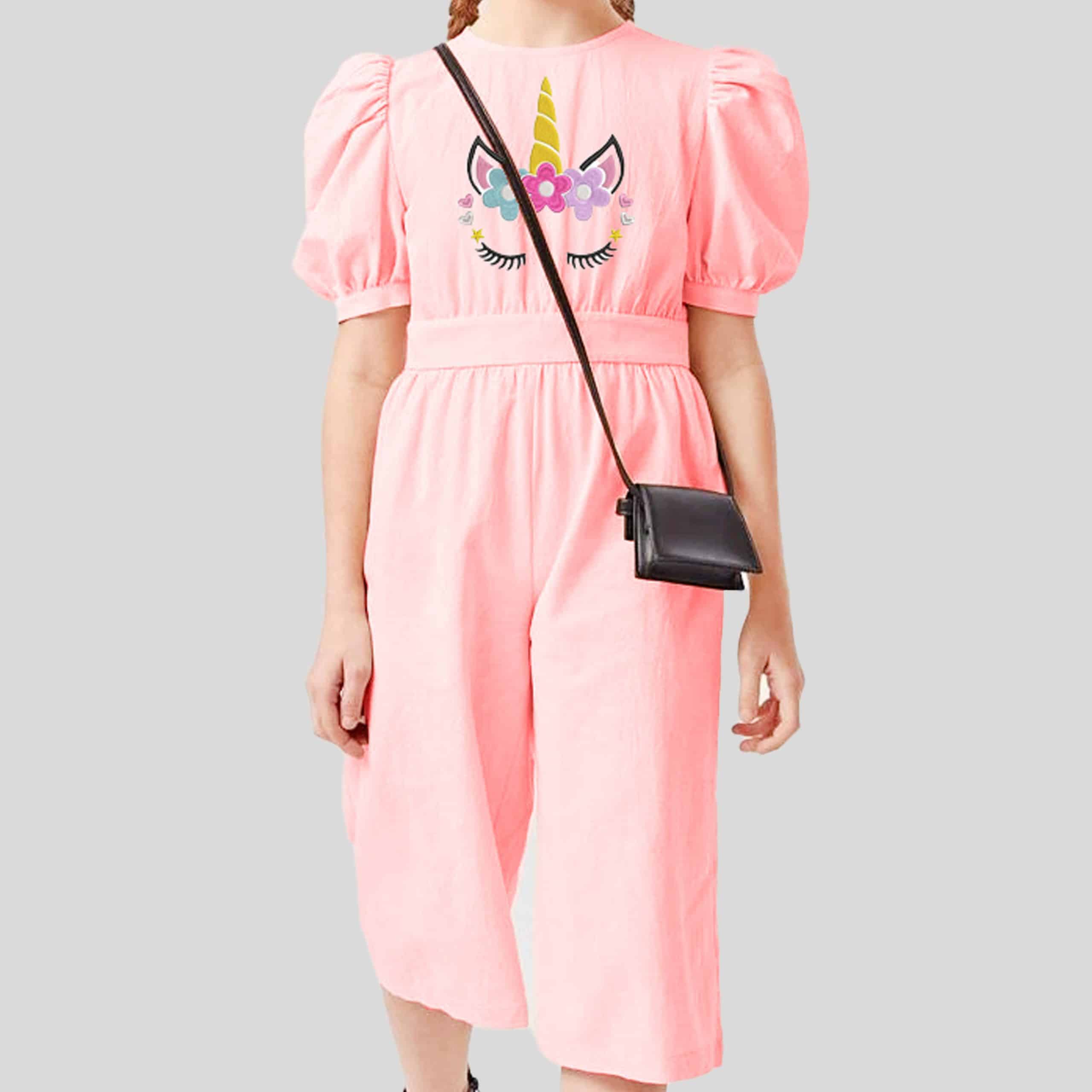 Girls baby pink unicorn jumpsuit with puff sleeve - RKFCW156