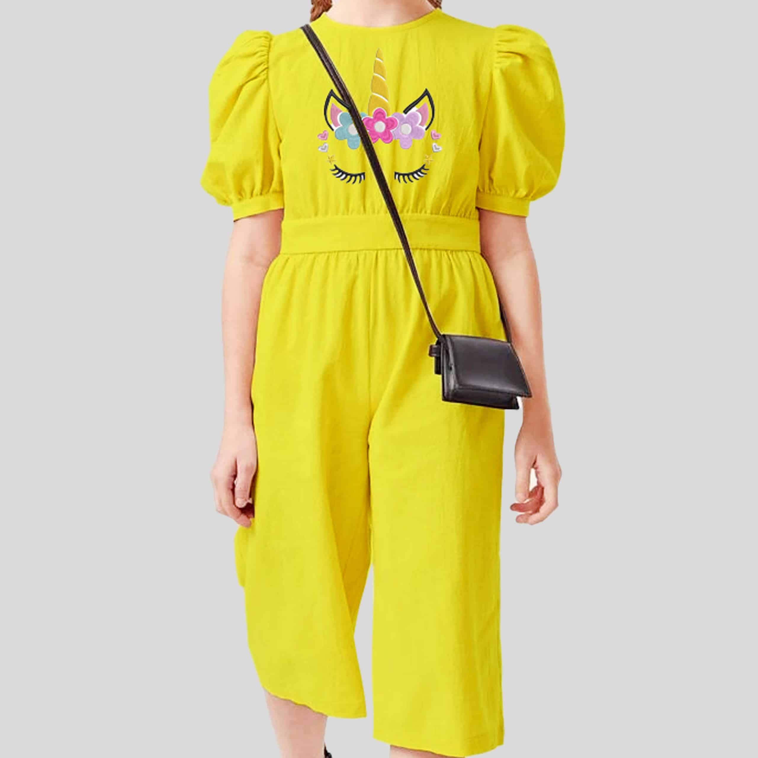 Girls yellow unicorn jumpsuit with puff sleeve - RKFCW157