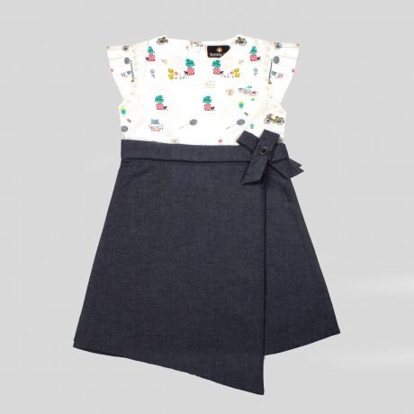 Girls Midi Knee Length Party Dress in Print and Denim-RKFCW18