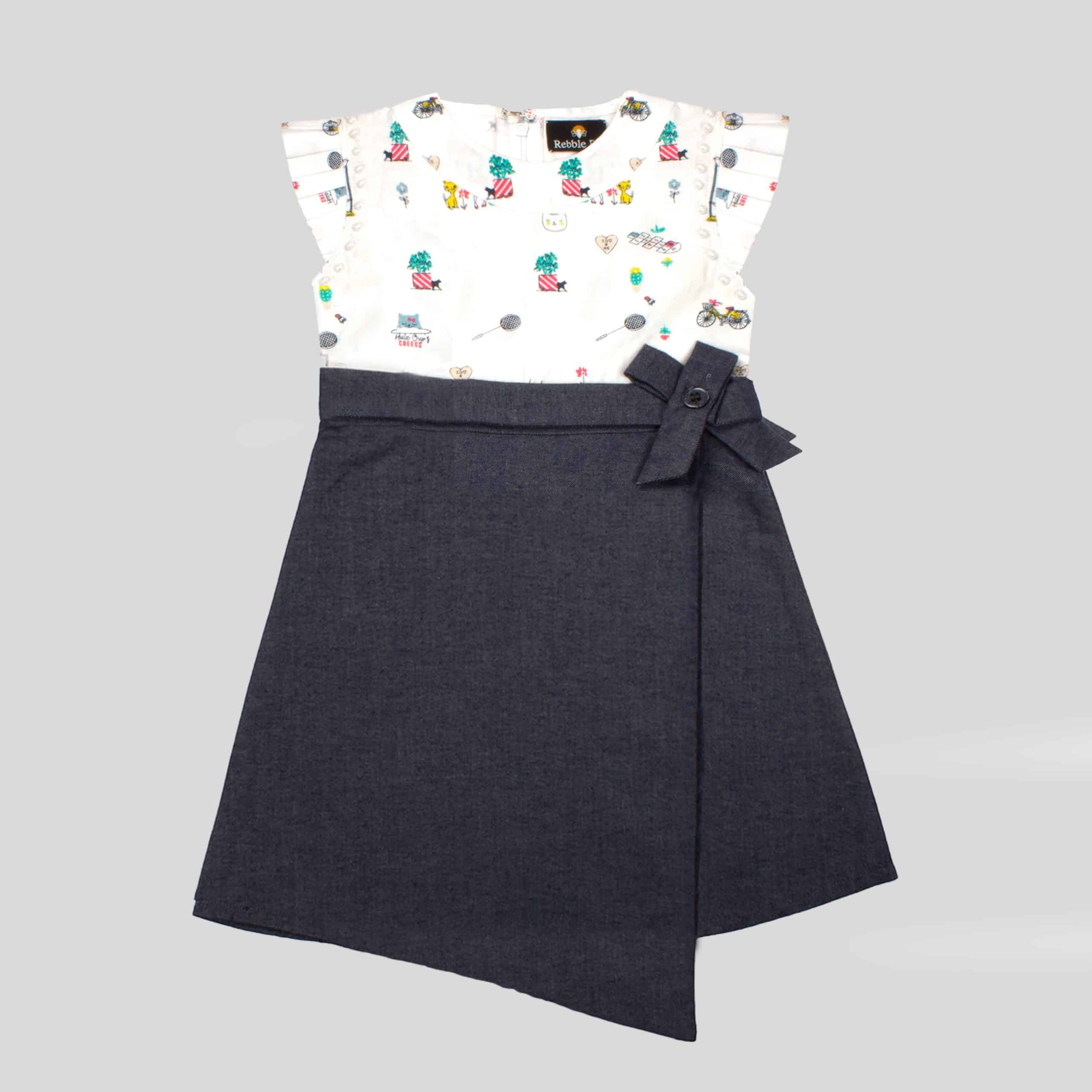Girls Midi Knee Length Party Dress in Print and Denim-RKFCW18