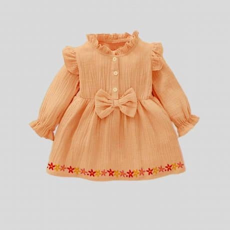 Girls delicate peach frill collar full sleeve dress with a cute bow and floral print trim-RKFCW185