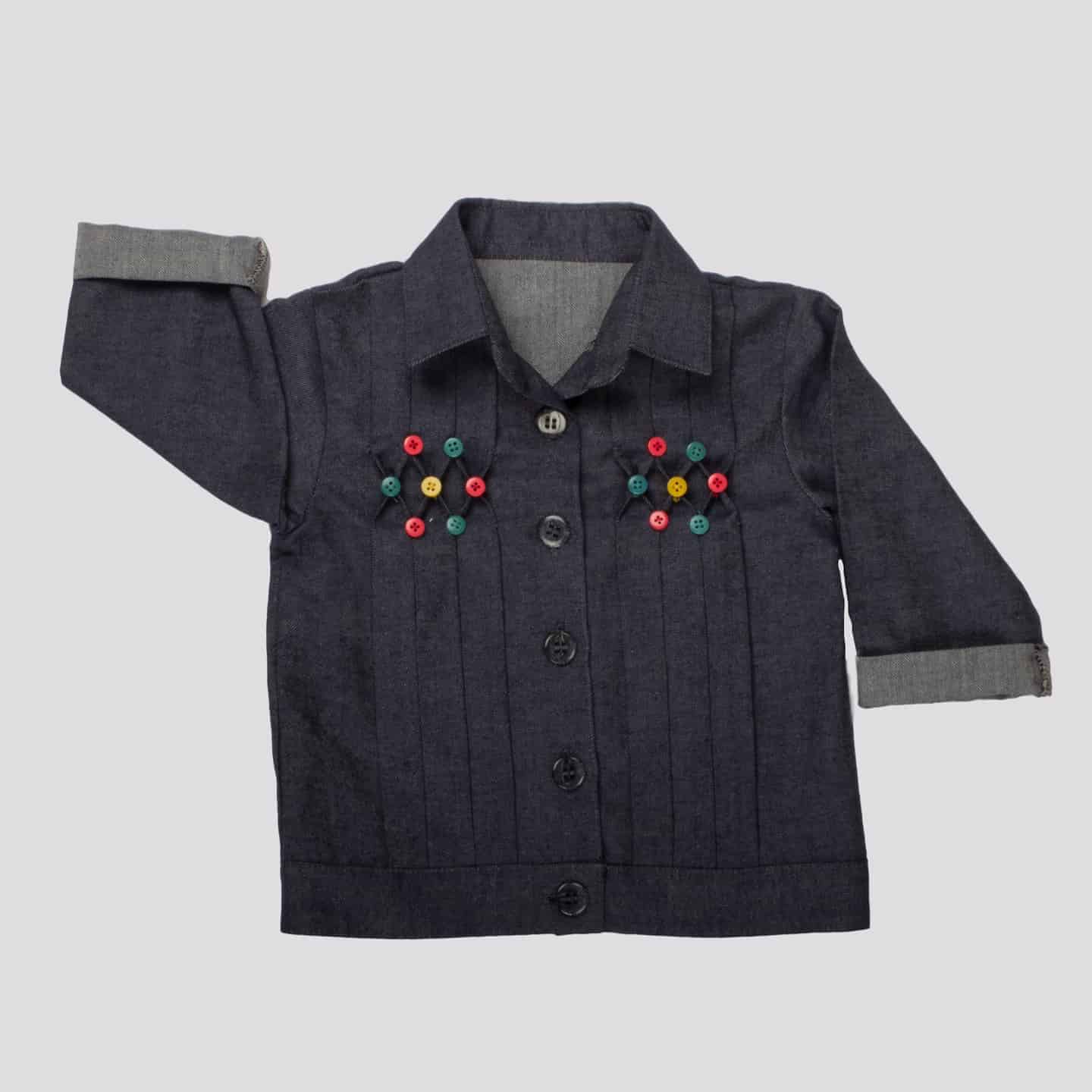 Girls Designer Denim Jacket with Smocking and Cute Button Details-RKFCW19