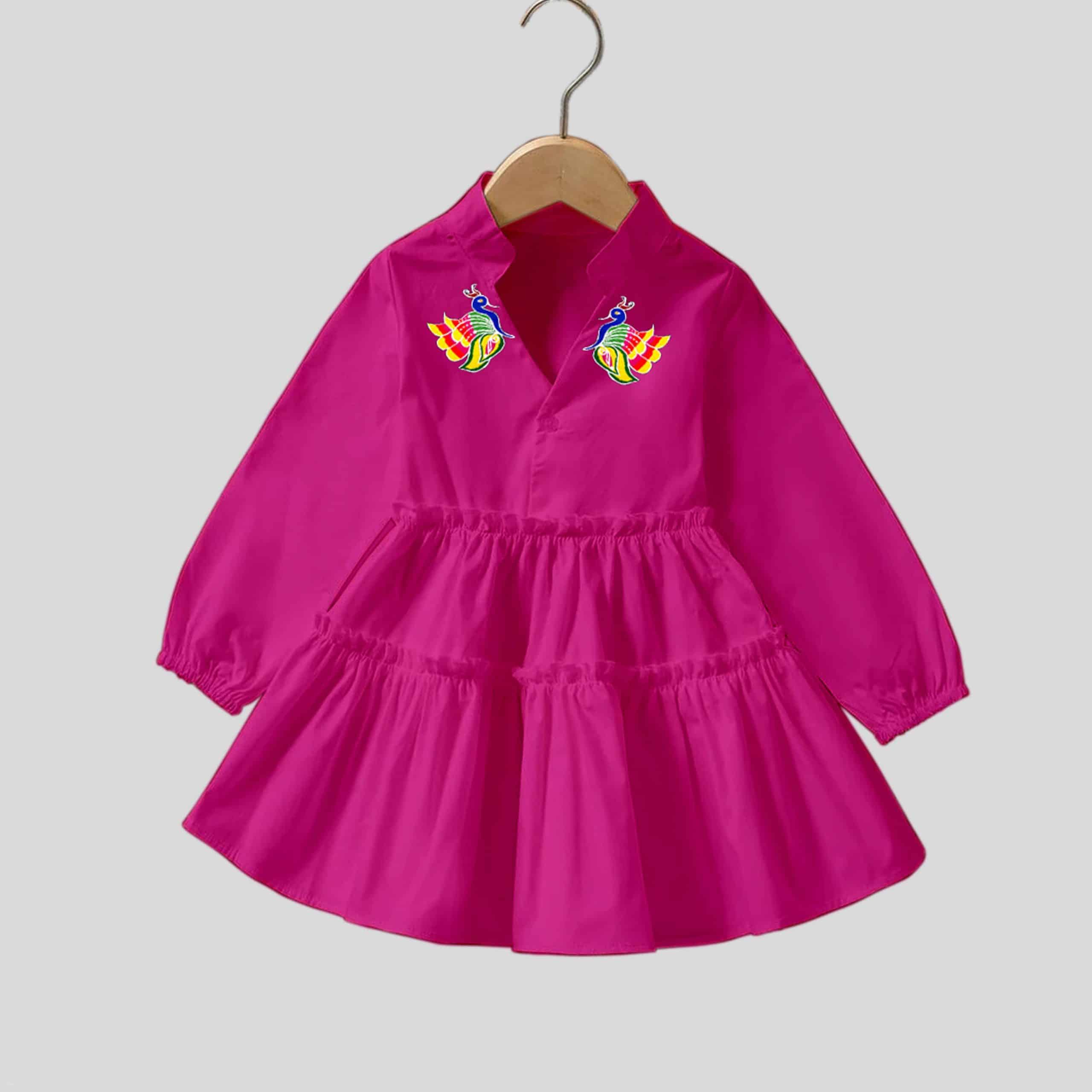 pink butterfly print frock for casual wear with frilled bottom-RKFCW191