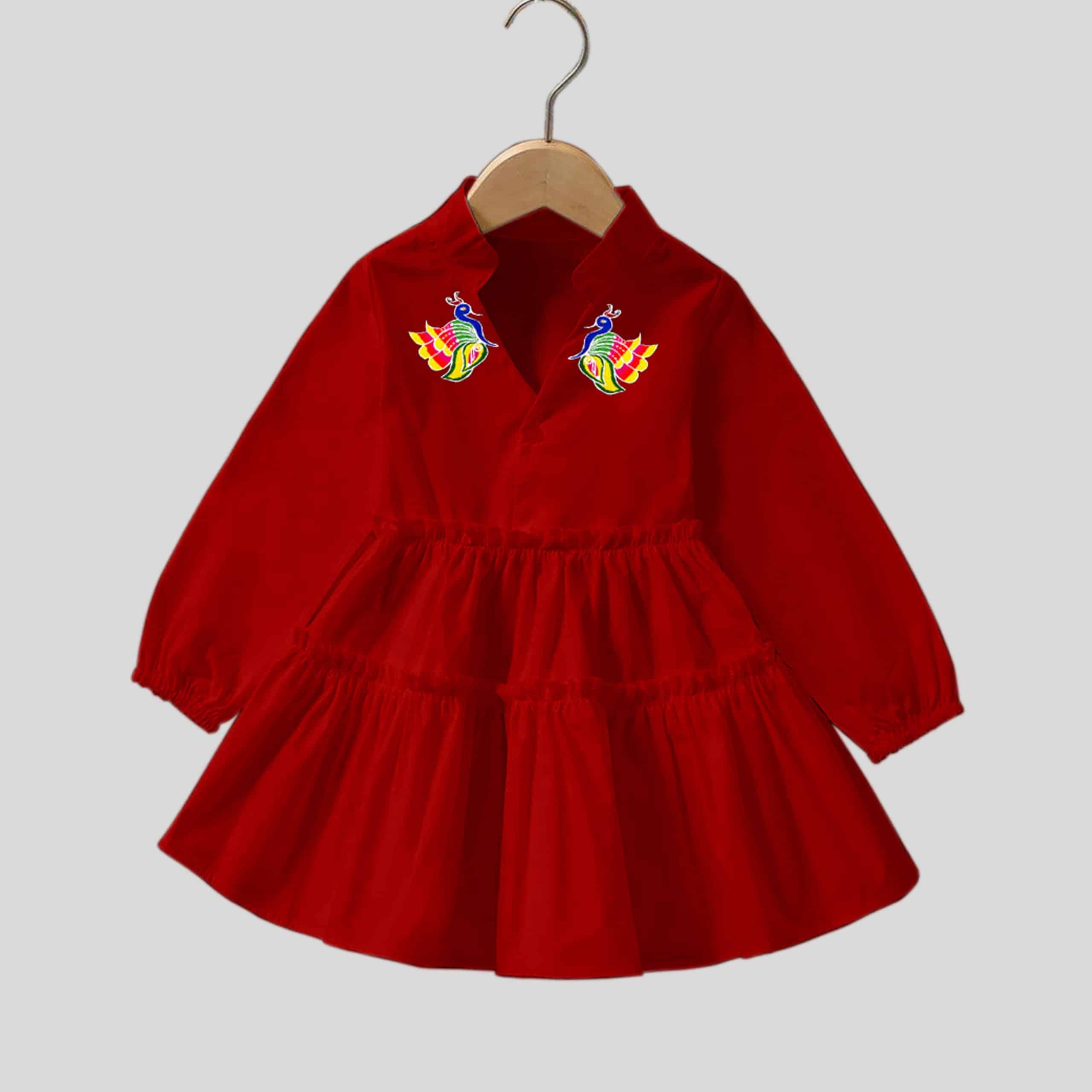 Maroon butterfly print frock for casual wear with frilled bottom-RKFCW192