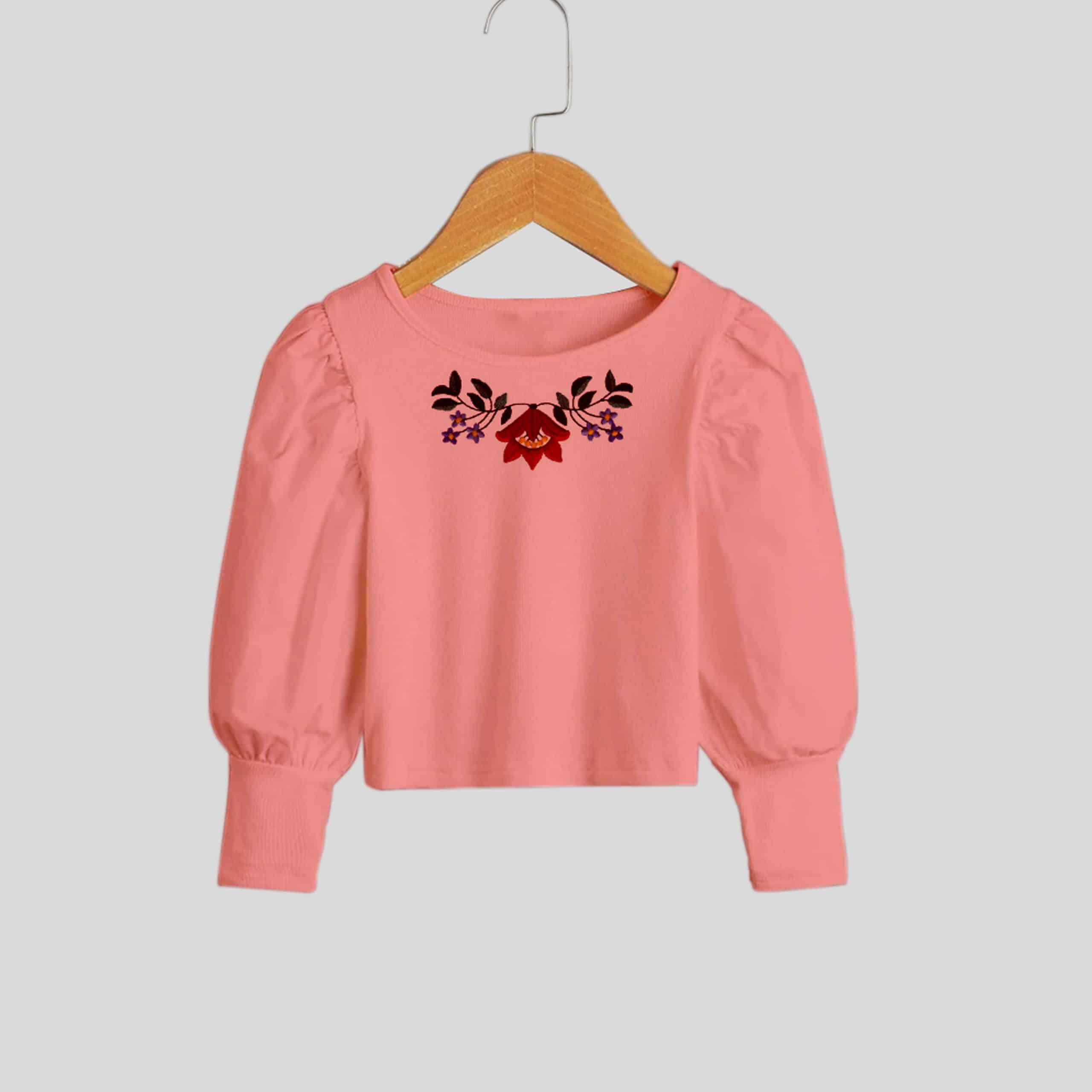 Pink girls floral print with full puff sleeve for party wear-RKFCW199