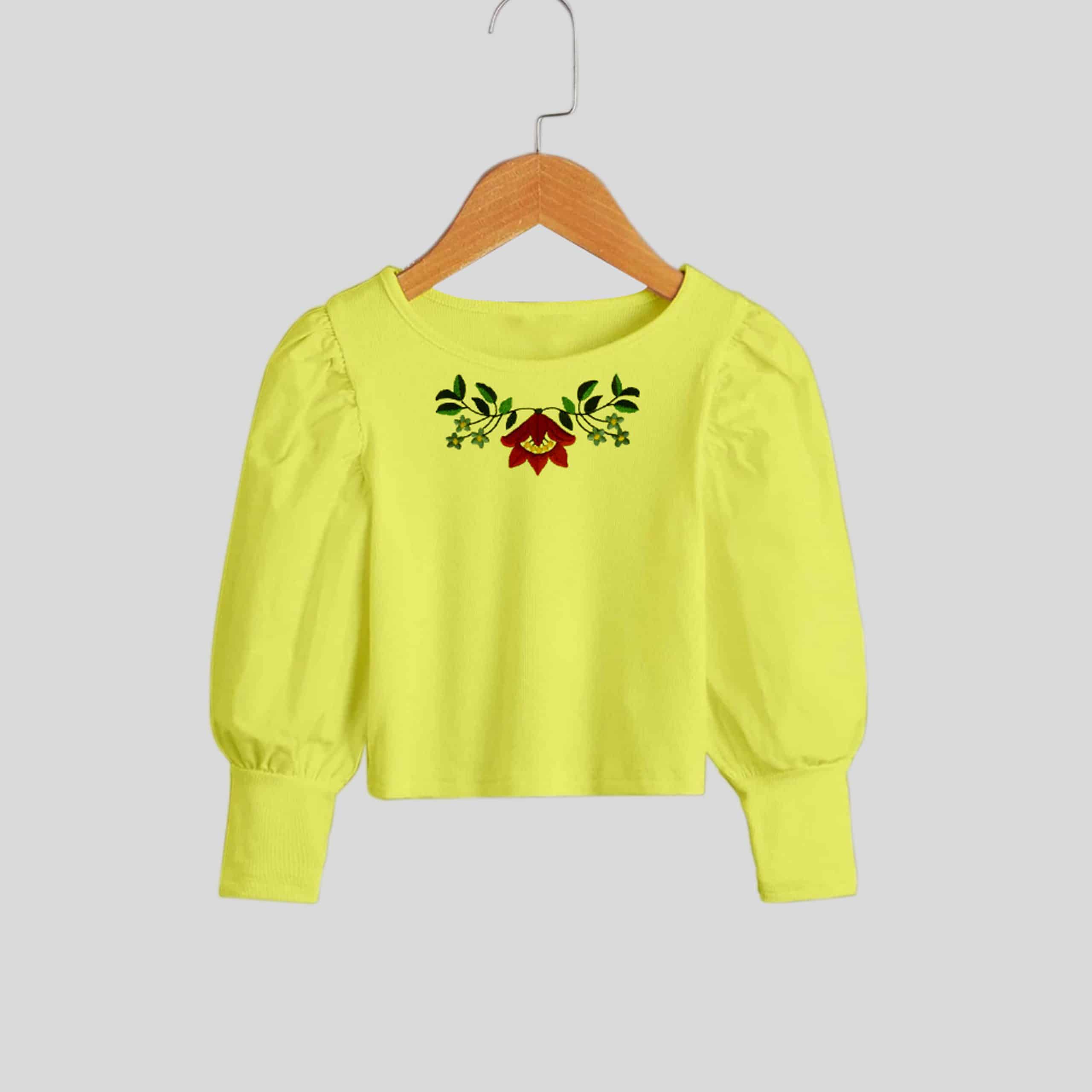 Yellow girls floral print with full puff sleeve for party wear-RKFCW200