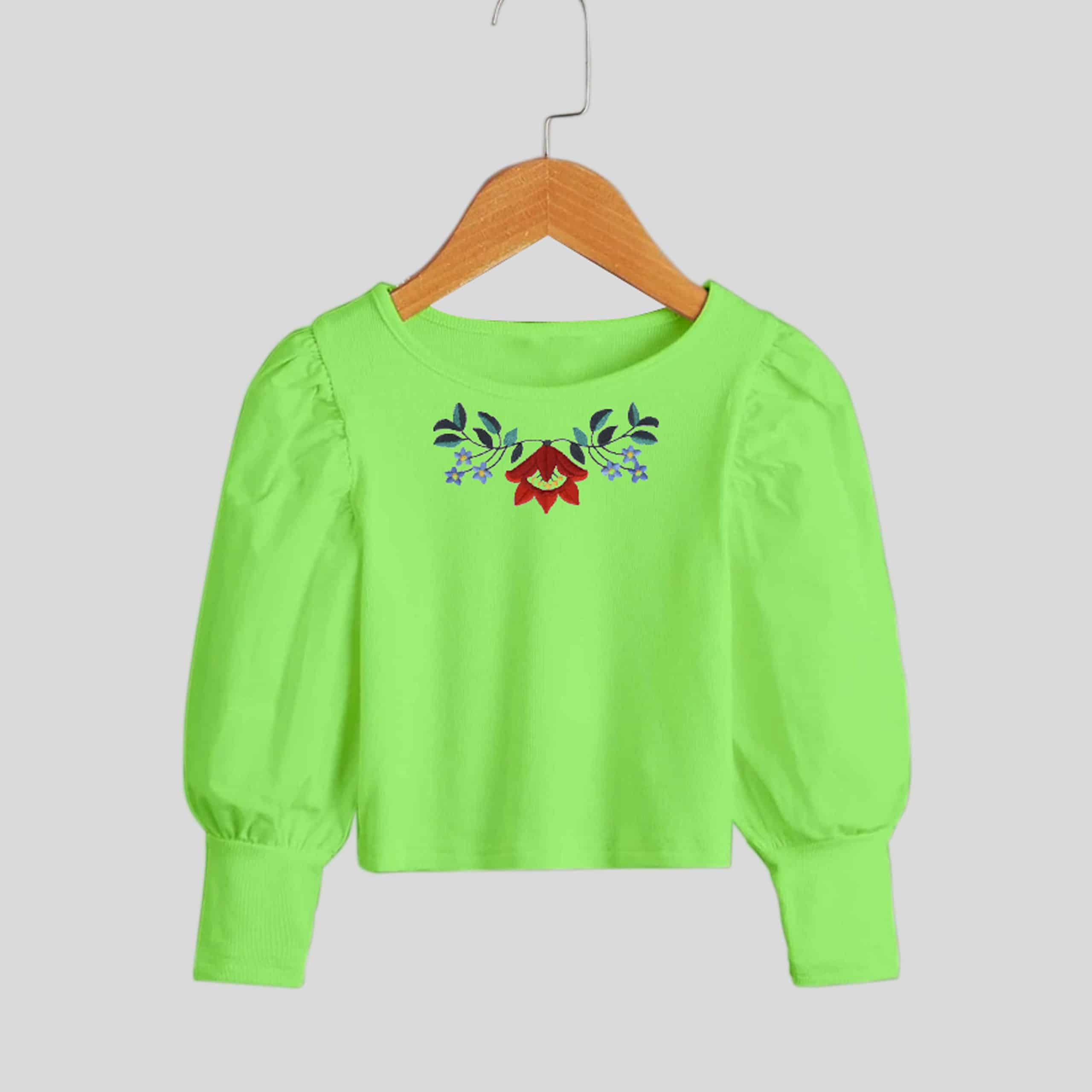 light green girls floral print with full puff sleeve for party wear-RKFCW201
