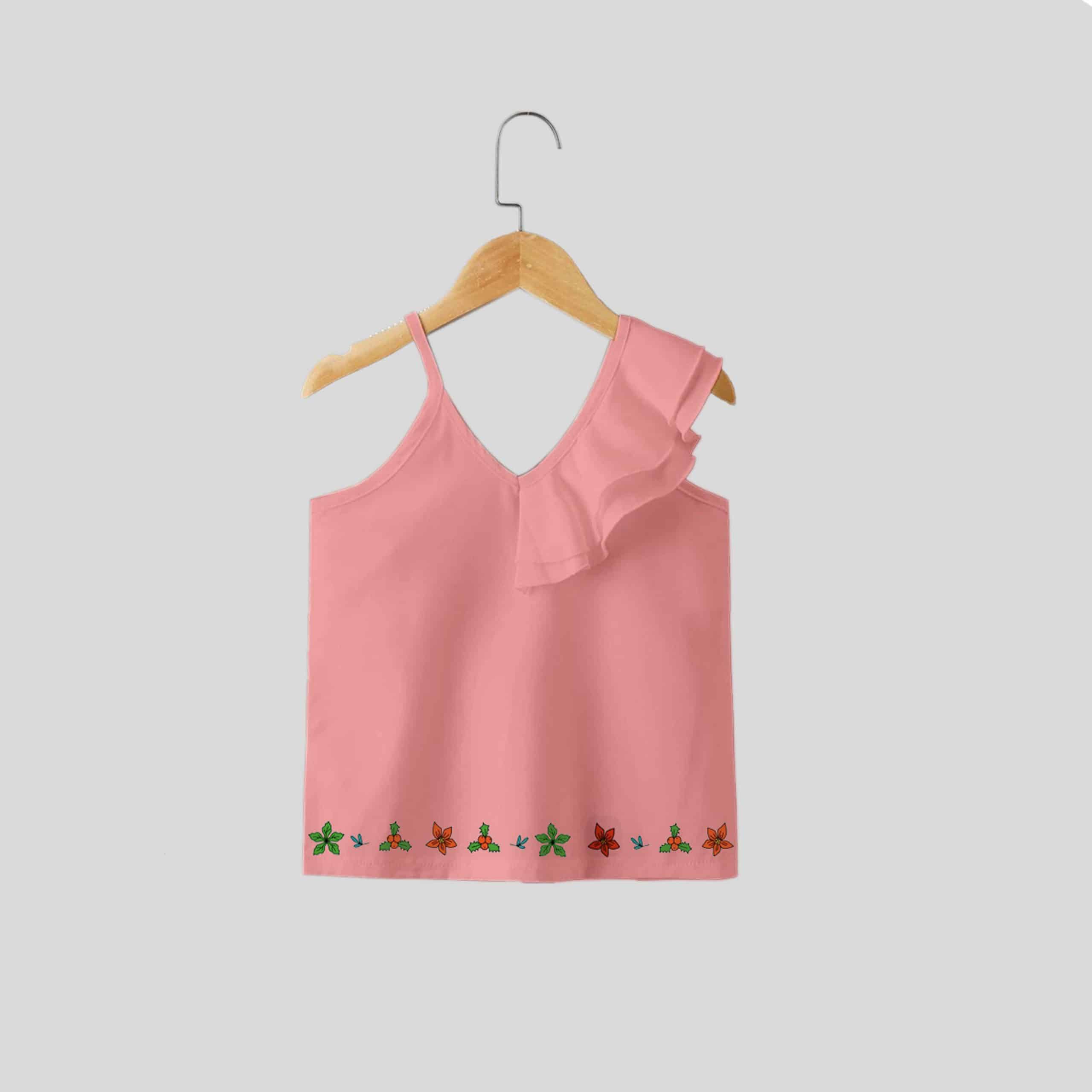 light pink strap with one shoulder frills top for party wear with floral print at bottom-RKFCW202