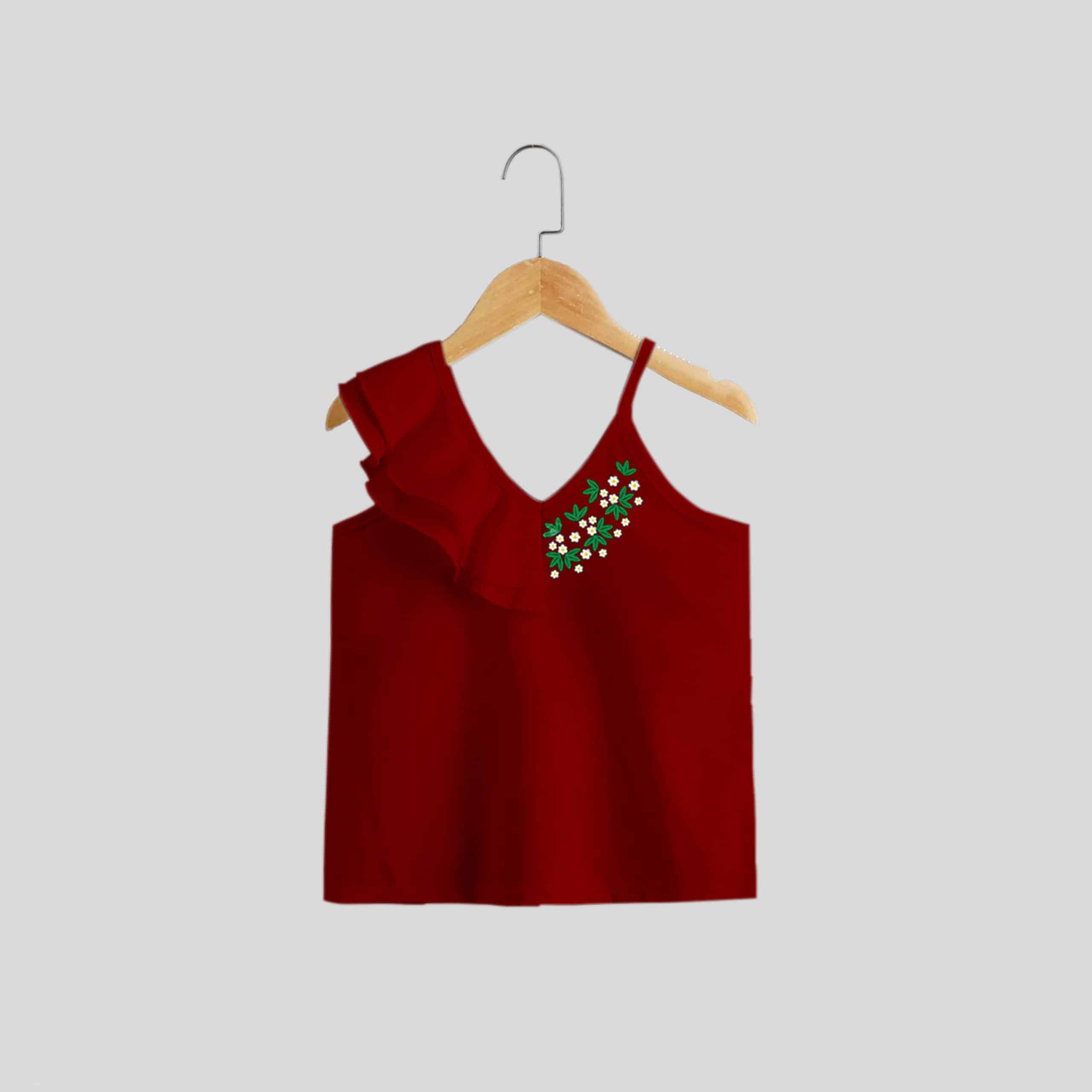maroon strap with one shoulder frills top for party wear with floral print at neck-RKFCW203