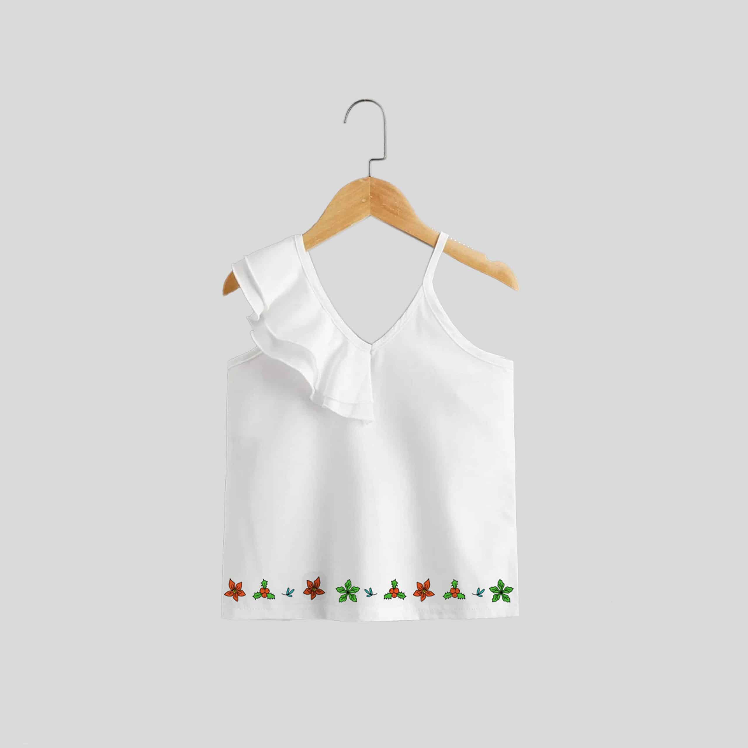 white strap with one shoulder frills top for party wear with floral print at bottom-RKFCW205