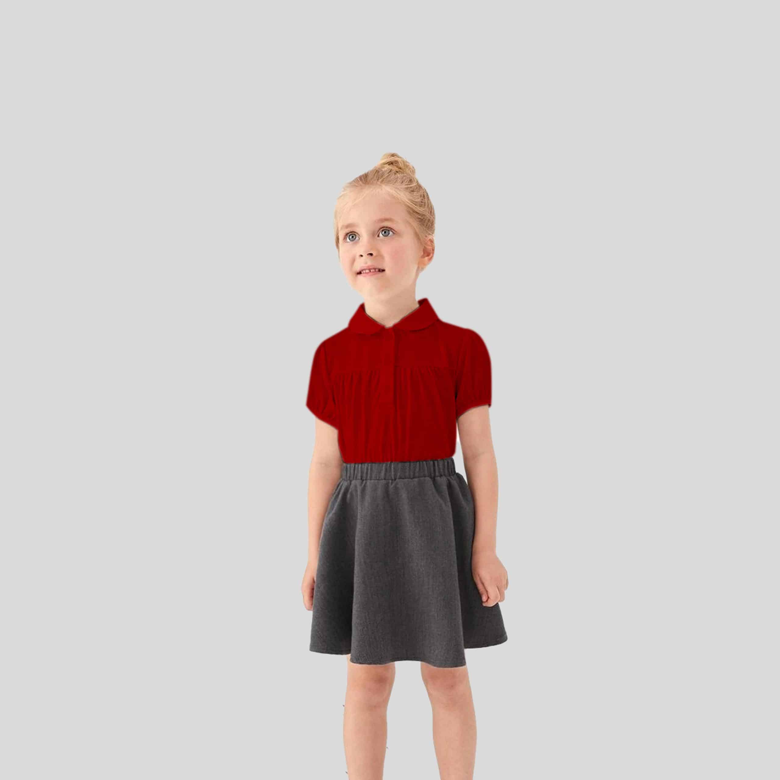 Girls pretty red top with puff sleeves and collar, soft and comfortable-RKFCW220